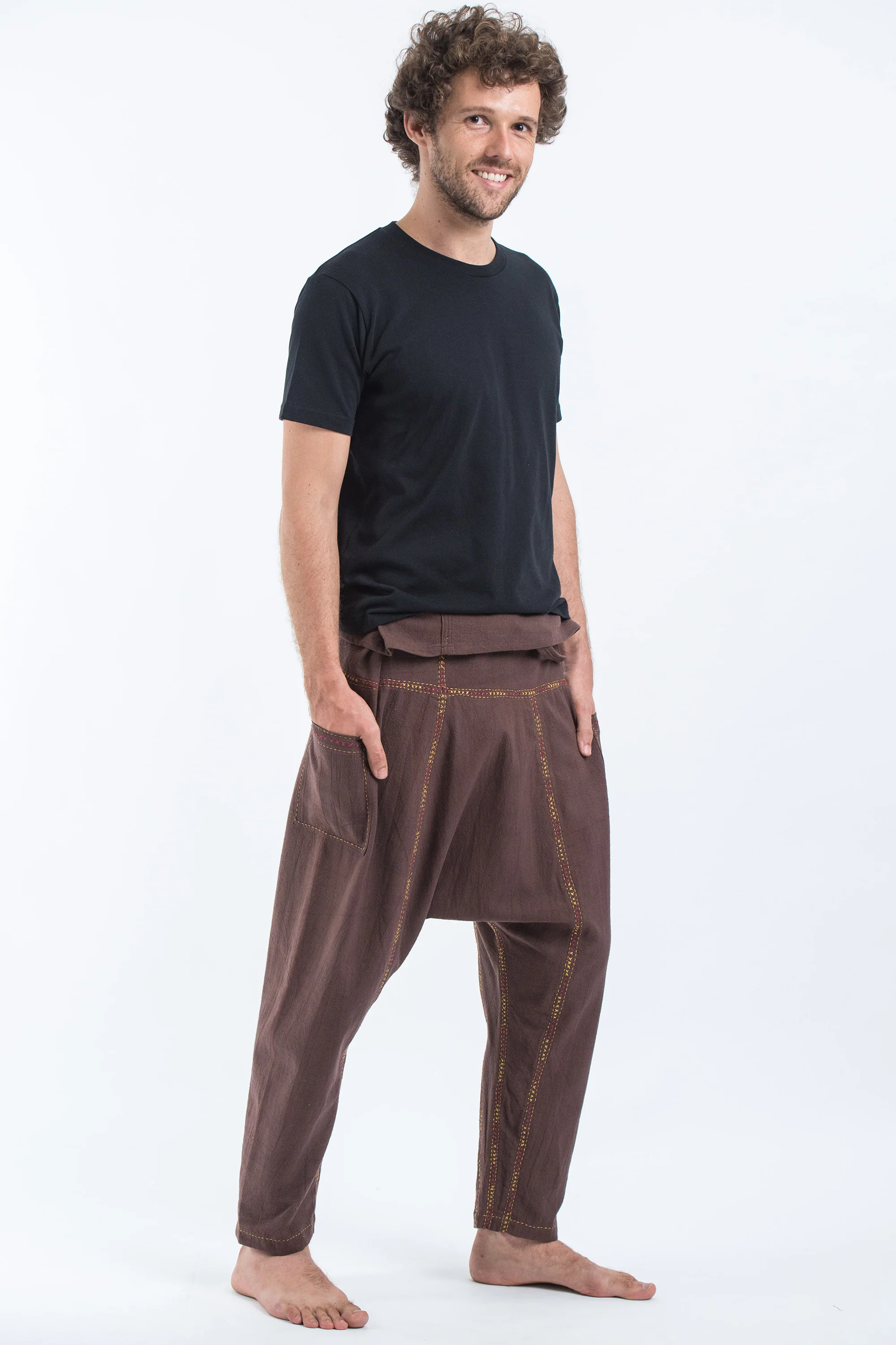 Hand Embroidered Men's Slim Cut Fisherman Pants in Brown - Image 3