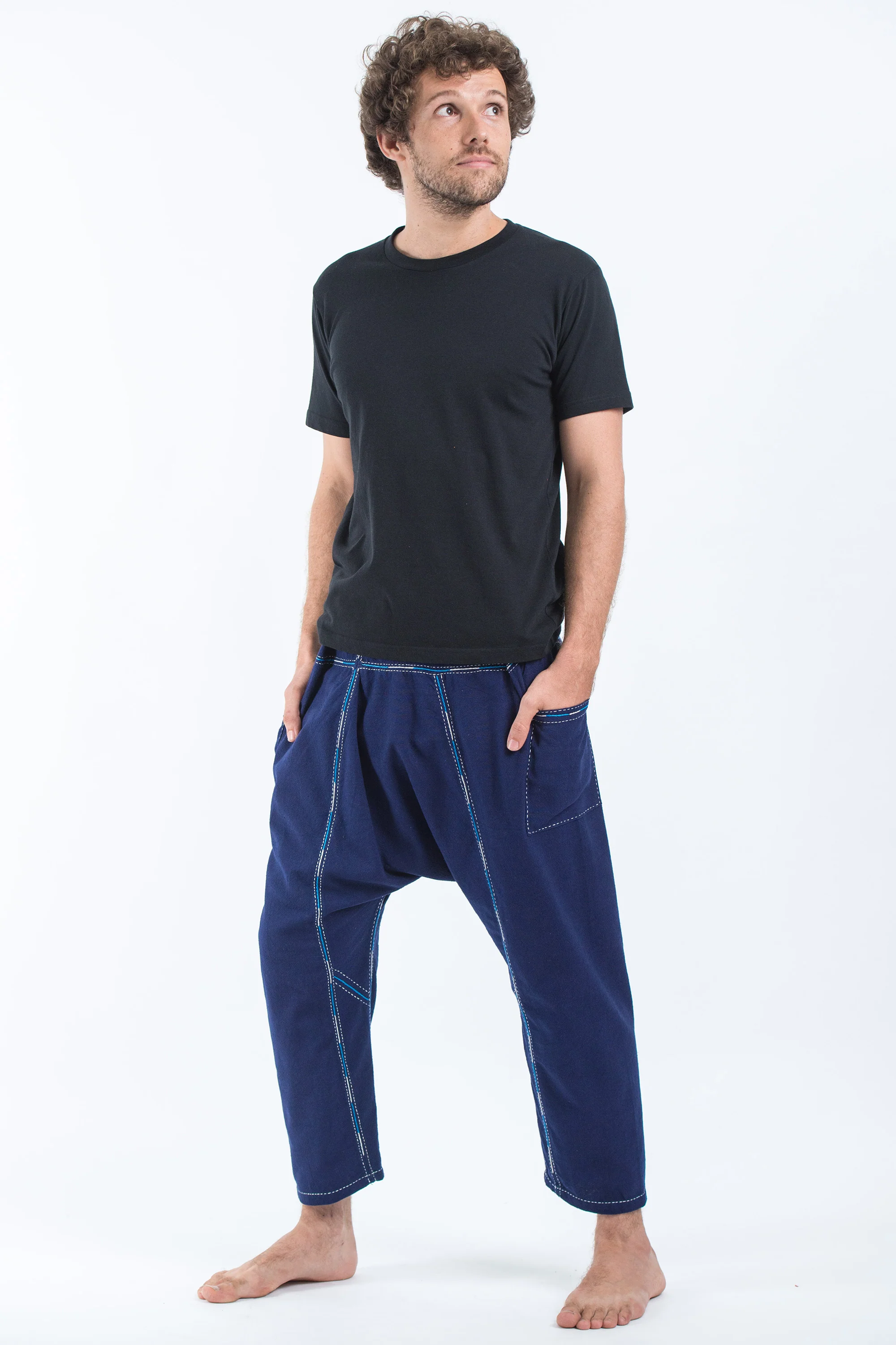 Hand Embroidered Men's Slim Cut Fisherman Pants in Navy - Image 4