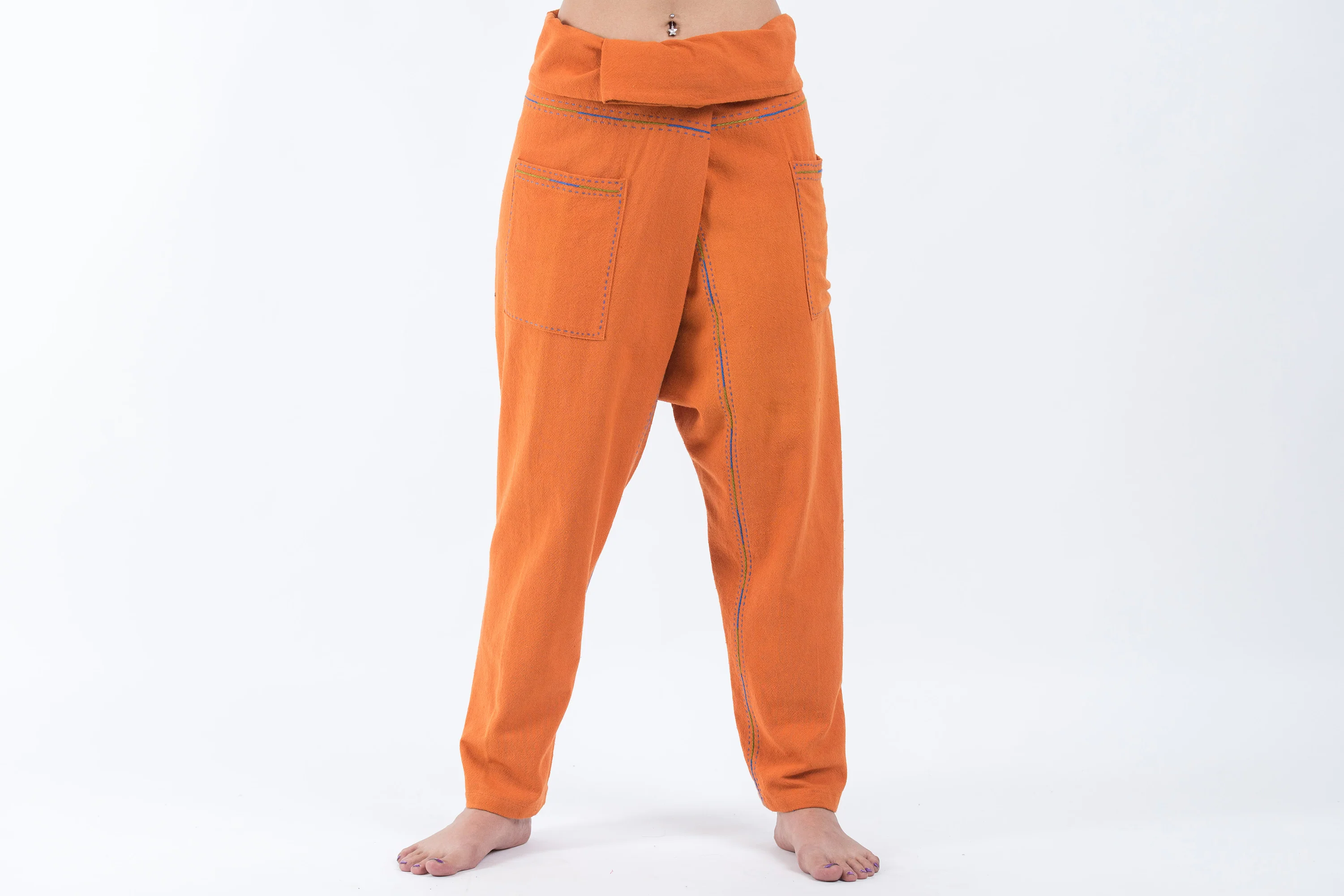 Hand Embroidered Women's Slim Cut Fisherman Pants in Orange - Image 2
