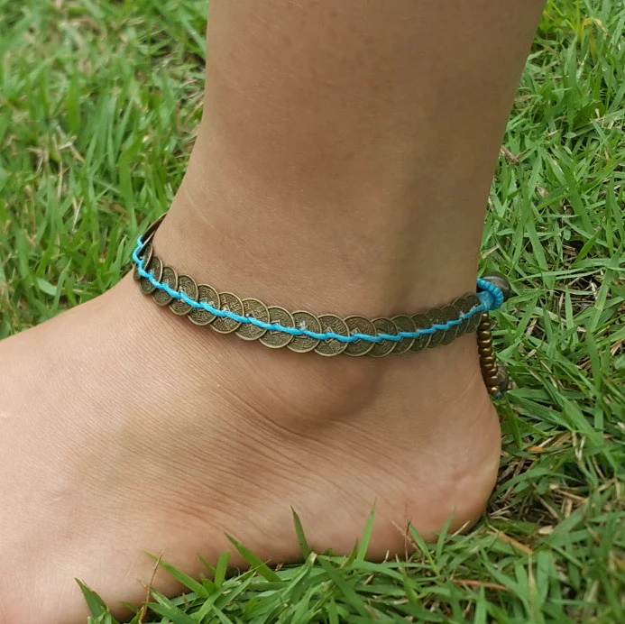 Hand Made Fair Trade Anklet Antique Coins Turquoise - Image 2