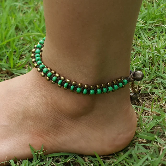 Hand Made Fair Trade Anklet Double Strand Brass Beads Green - Image 2