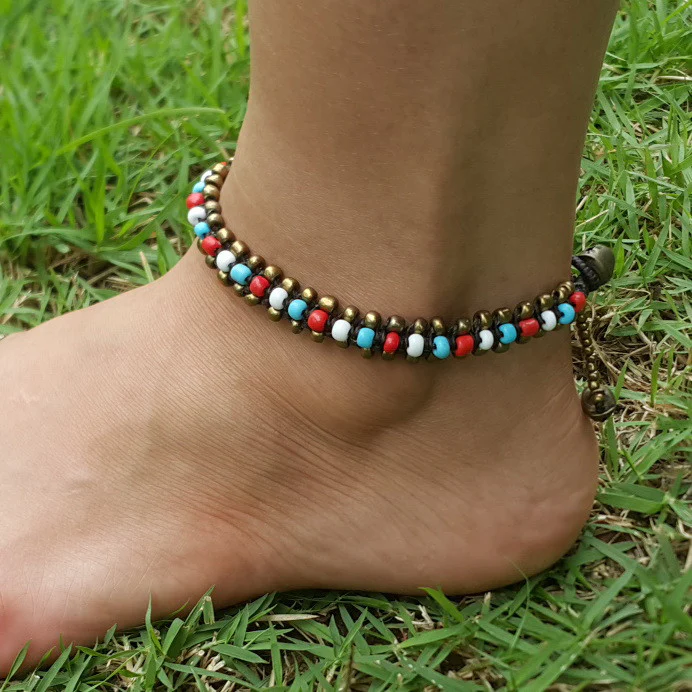 Hand Made Fair Trade Anklet Double Strand Brass Beads Multi - Image 2