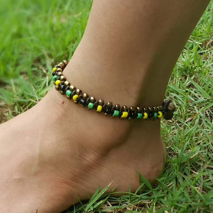 Hand Made Fair Trade Anklet Double Strand Brass Beads Multi - Image 2