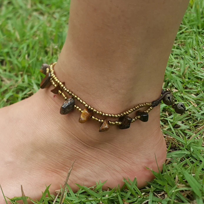 Hand Made Fair Trade Anklet Double Strand Brass Beads Tiger Eye - Image 2