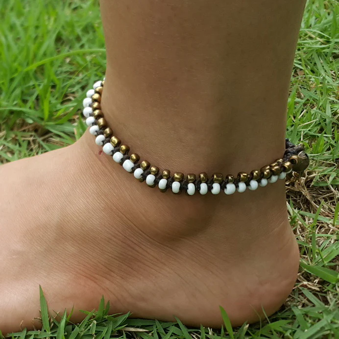 Hand Made Fair Trade Anklet Double Strand Brass Beads White - Image 2