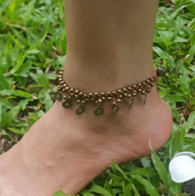Hand Made Fair Trade Anklet Double Strand Brass Coins Brown - Image 2