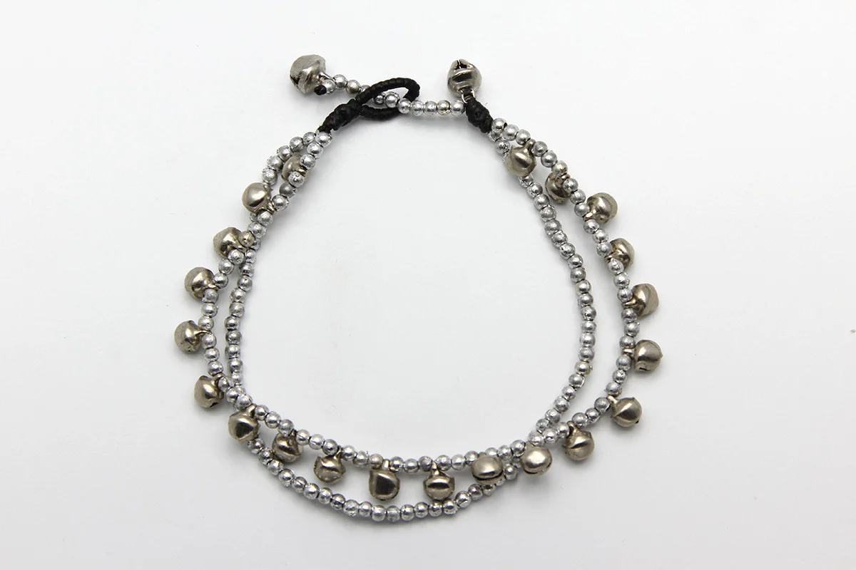 Hand Made Fair Trade Anklet Double Strand Silver Beads - Image 2