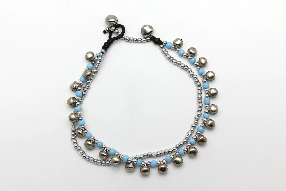Hand Made Fair Trade Anklet Double Strand Silver Beads Blue - Image 2