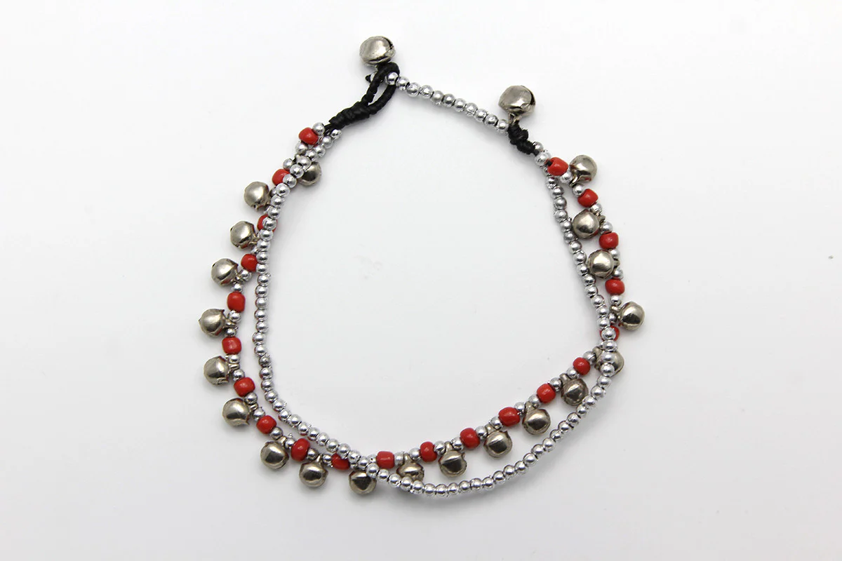 Hand Made Fair Trade Anklet Double Strand Silver Beads Red - Image 2