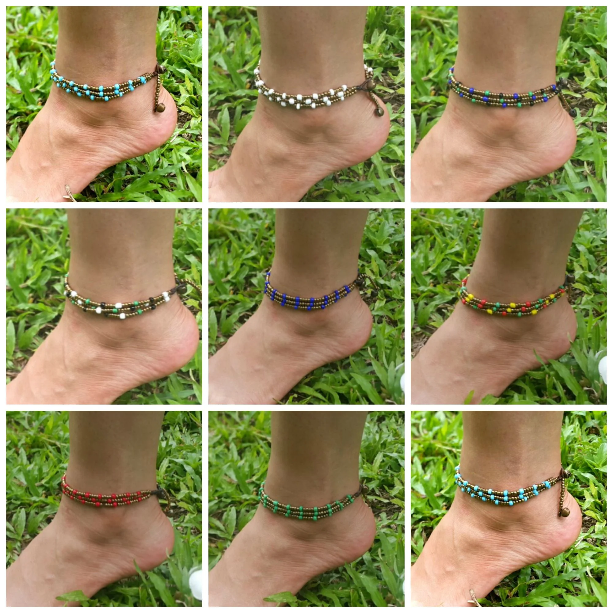 Hand Made Fair Trade Anklet Three Strand Brass Beads Blue - Image 3
