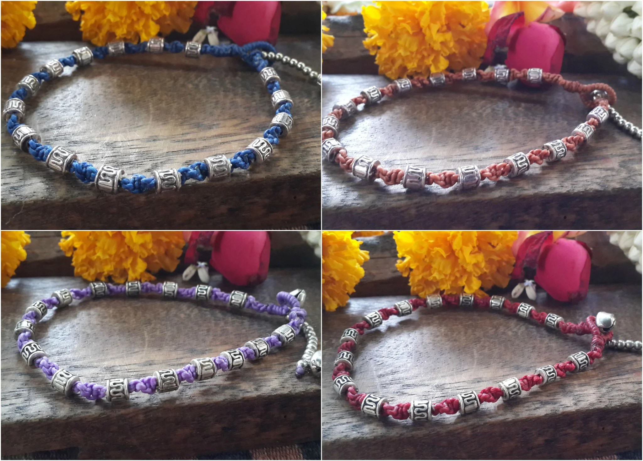 Hand Made Fair Trade Anklet Waxed Cotton Silver Beads Peach - Image 3