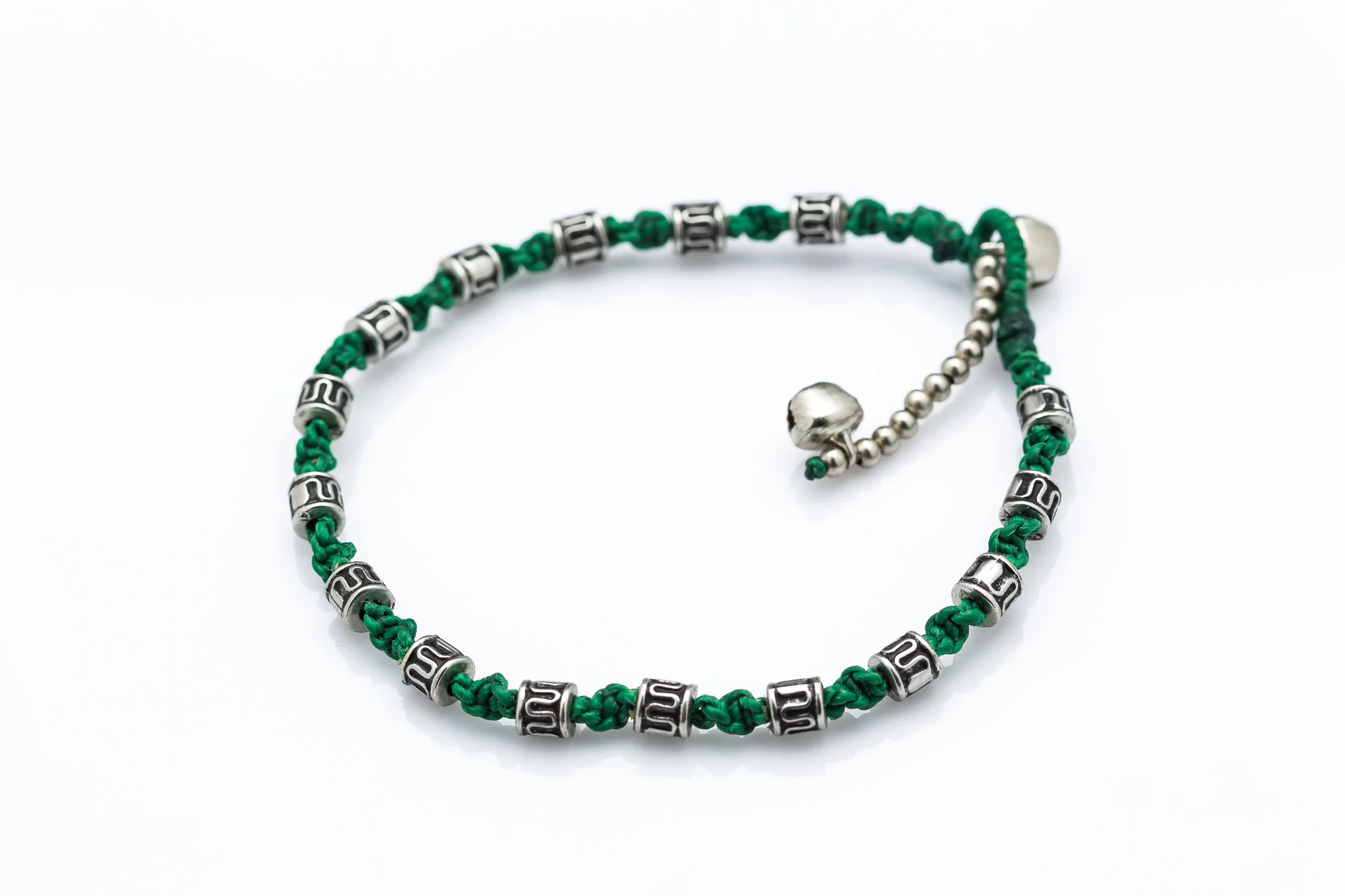 Hand Made Fair Trade Anklet Waxed Cotton Silver Beads Green - Image 2