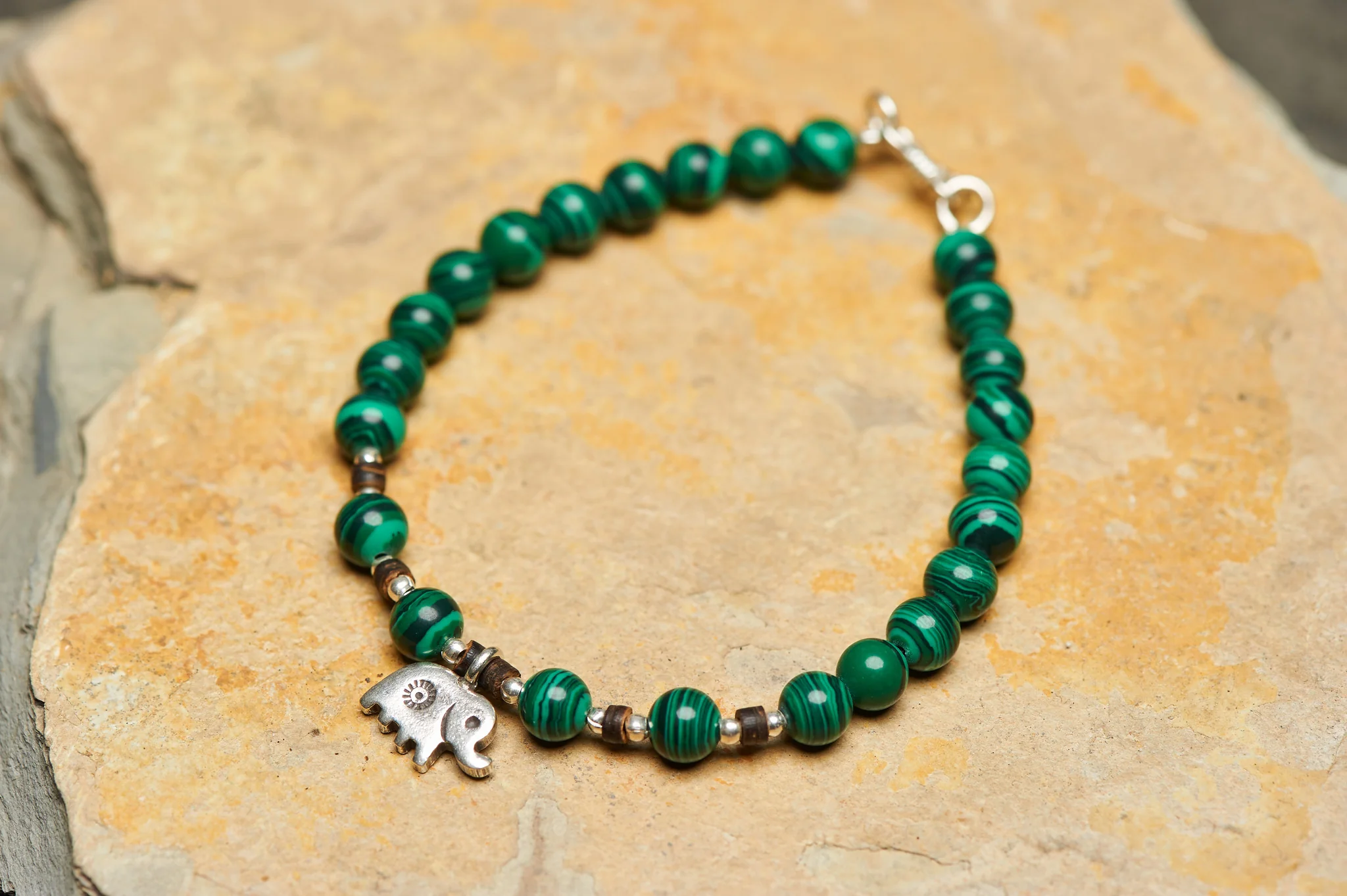 Hand Made Tibetan Elephant Mala With Malachite Beads Bracelet - Image 2