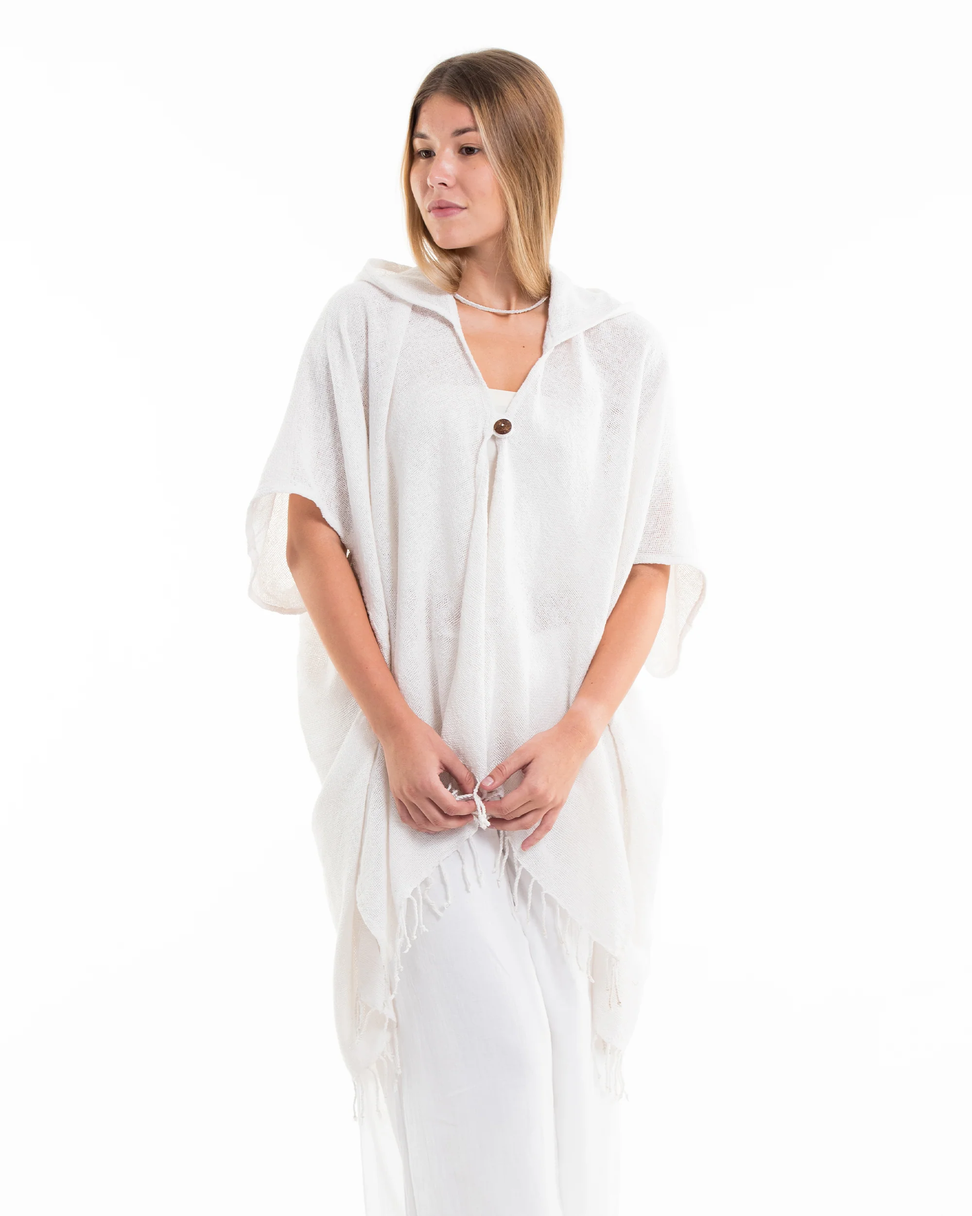 Hand-Woven Cotton Hooded Kimono Cardigan in White - Image 3