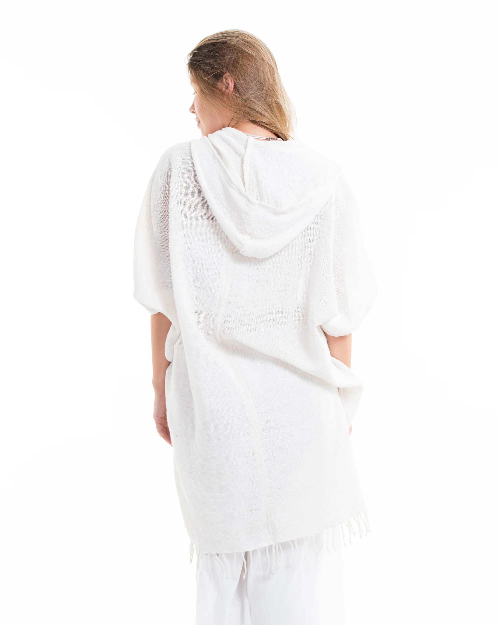 Hand-Woven Cotton Hooded Kimono Cardigan in White - Image 6