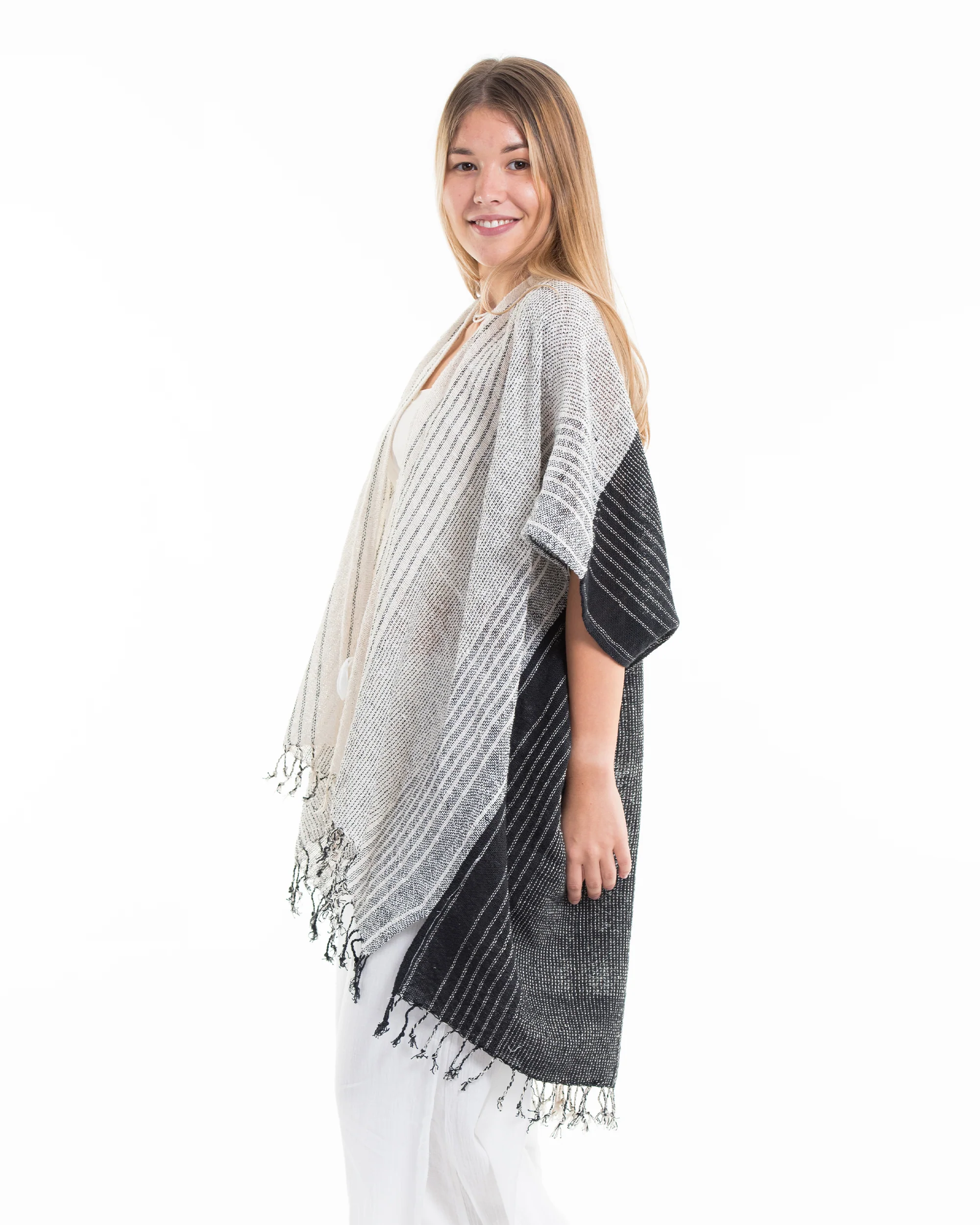 Hand-Woven Cotton Kimono Cardigan with Scarf in White Black - Image 5