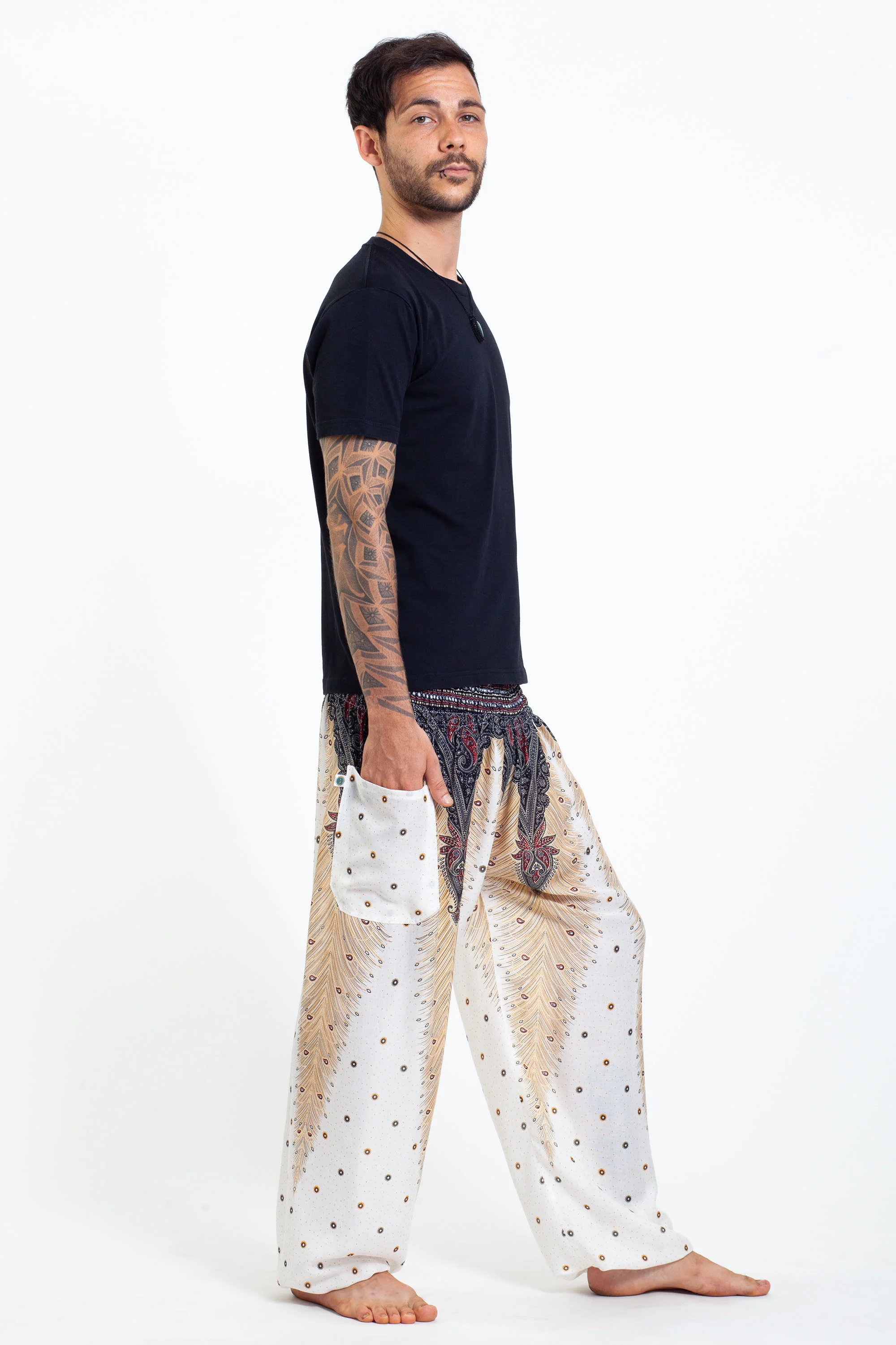 Peacock Feathers Men's Harem Pants in White - Image 3