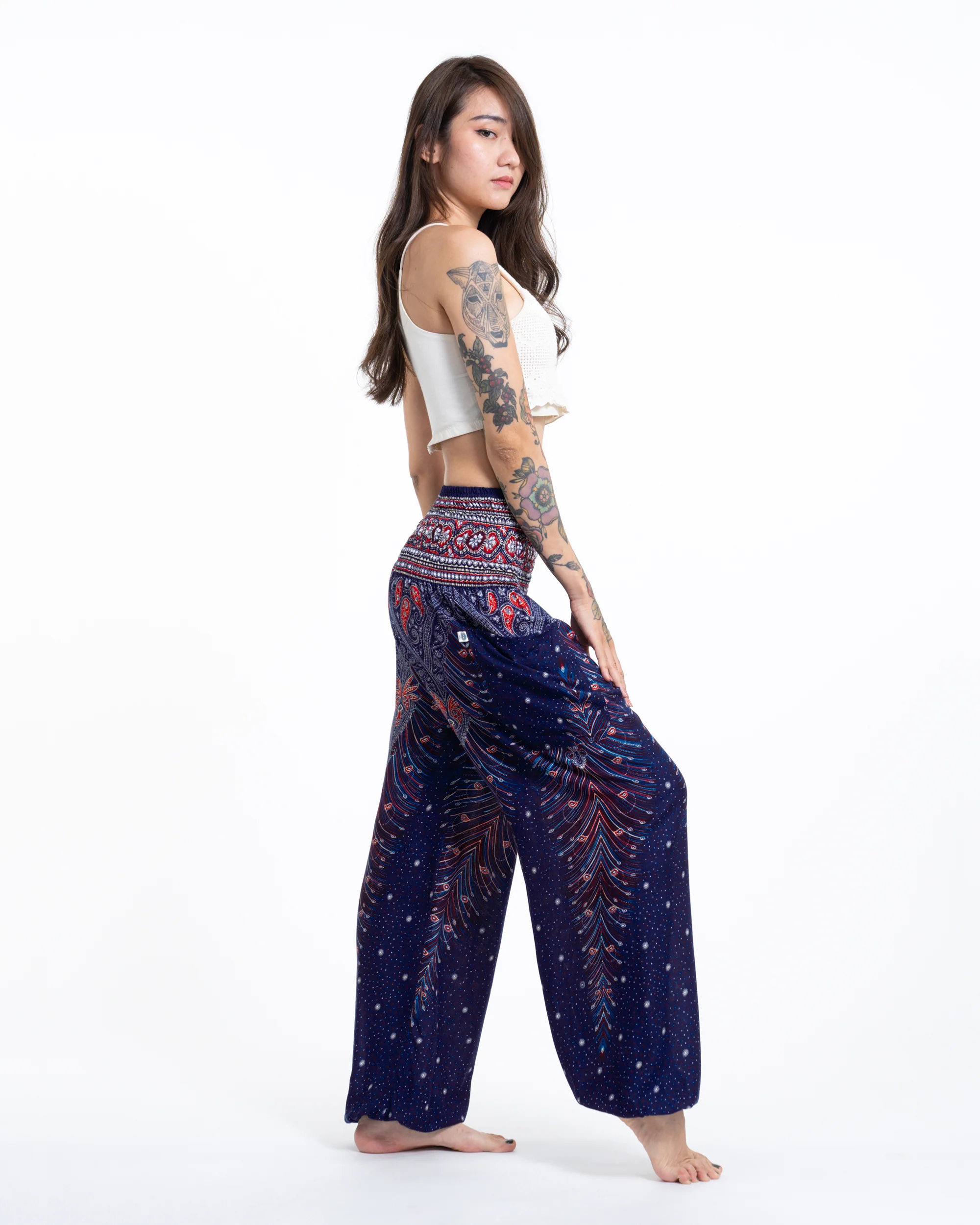 Peacock Feathers Women's Harem Pants in Blue - Image 3