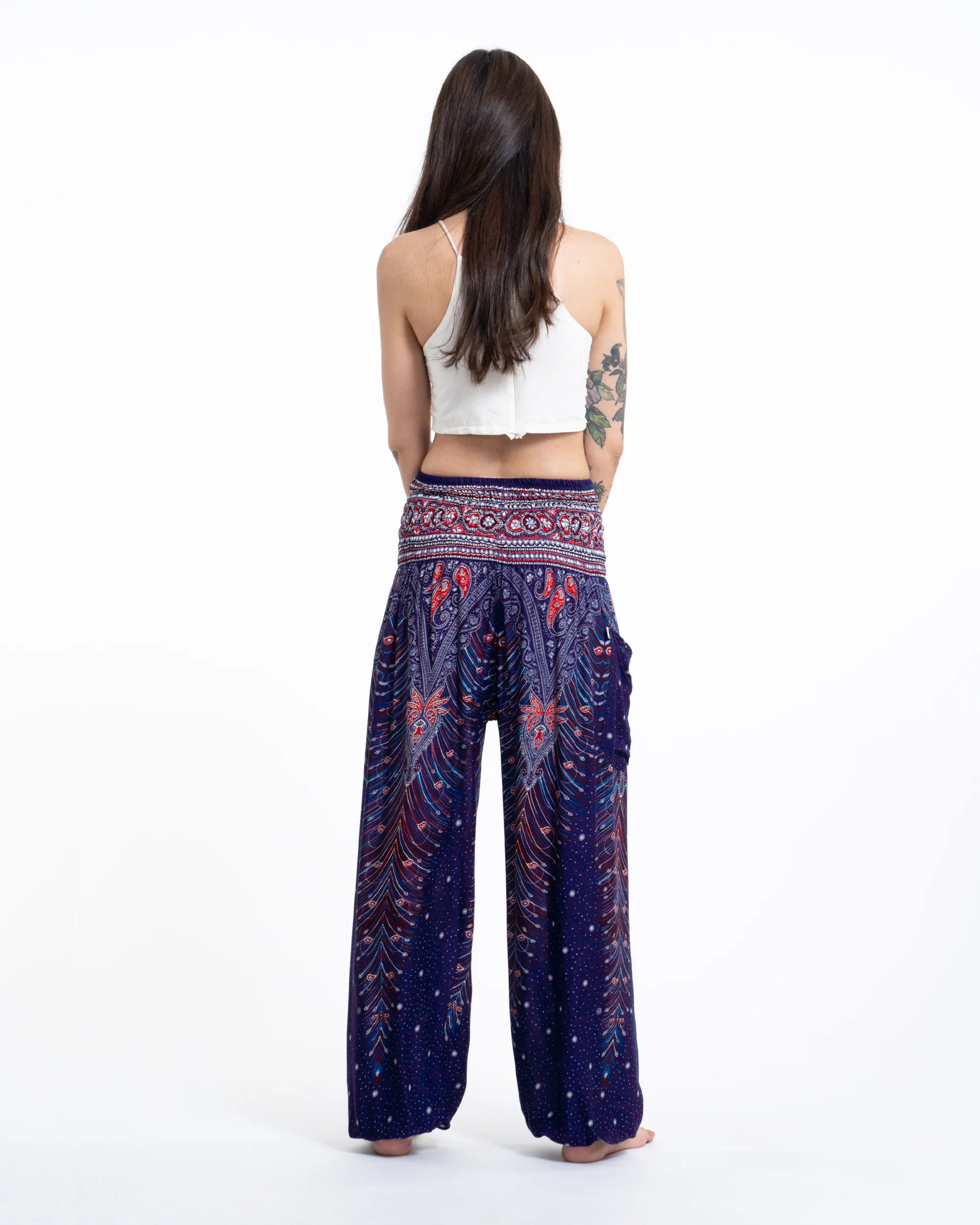Peacock Feathers Women's Harem Pants in Blue - Image 4