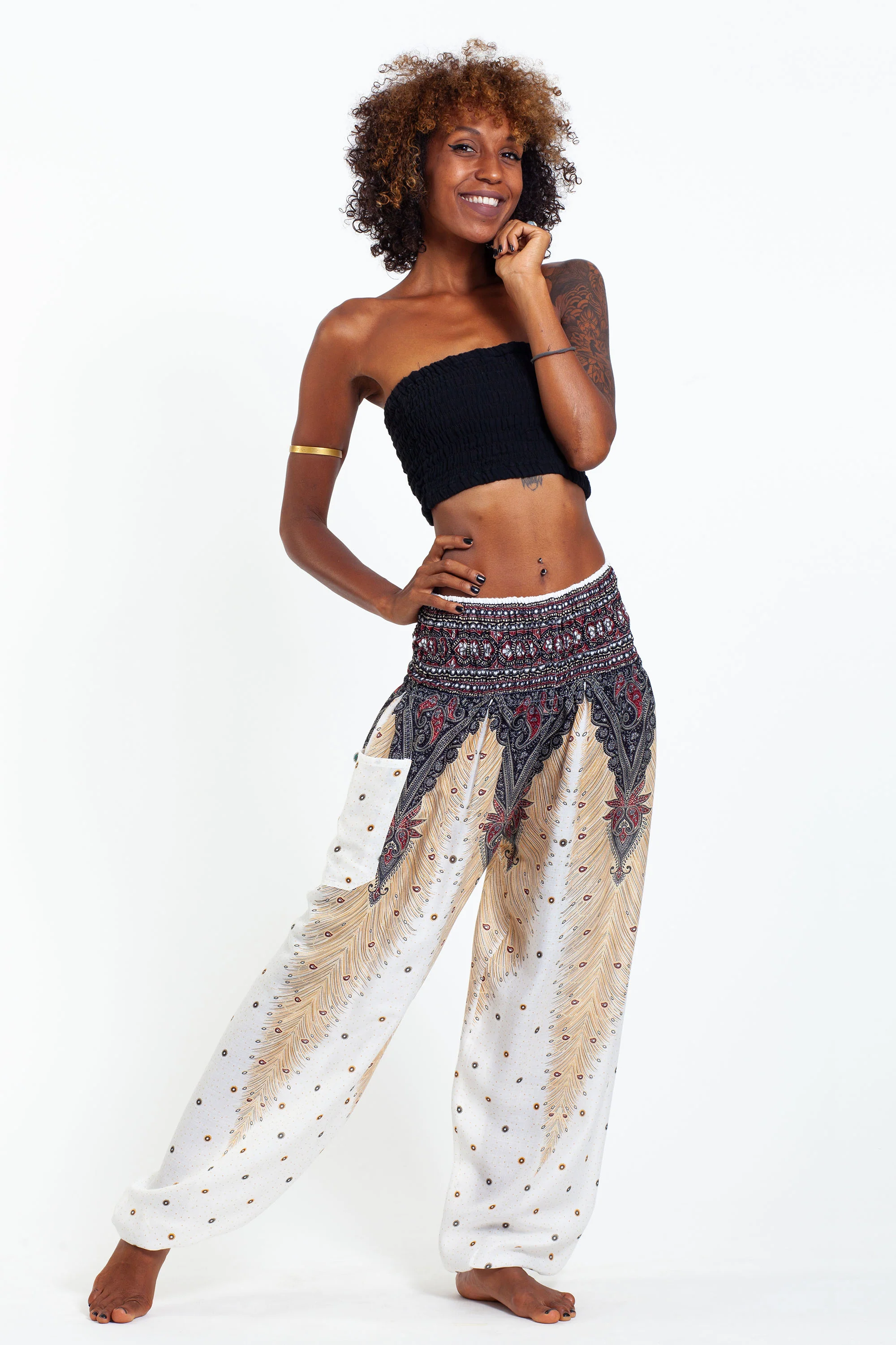 Peacock Feathers Women's Harem Pants in White - Image 3