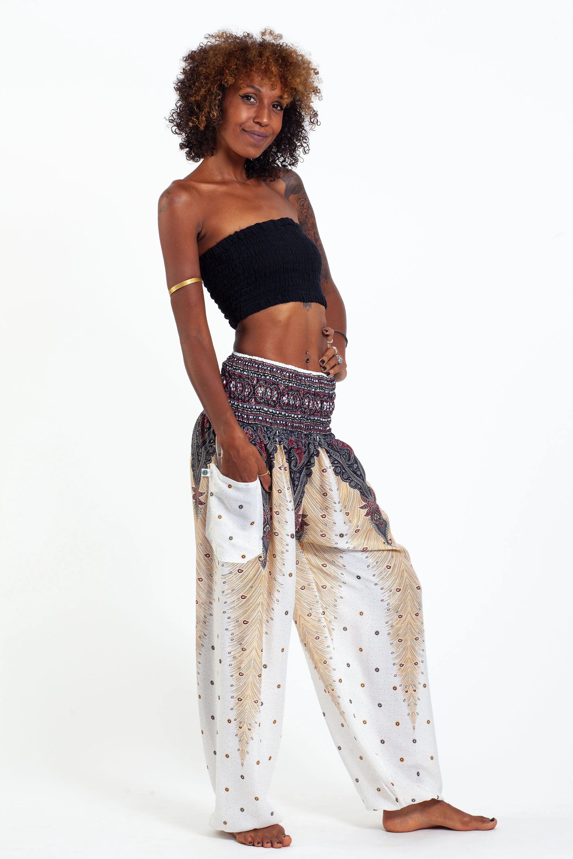 Peacock Feathers Women's Harem Pants in White - Image 4