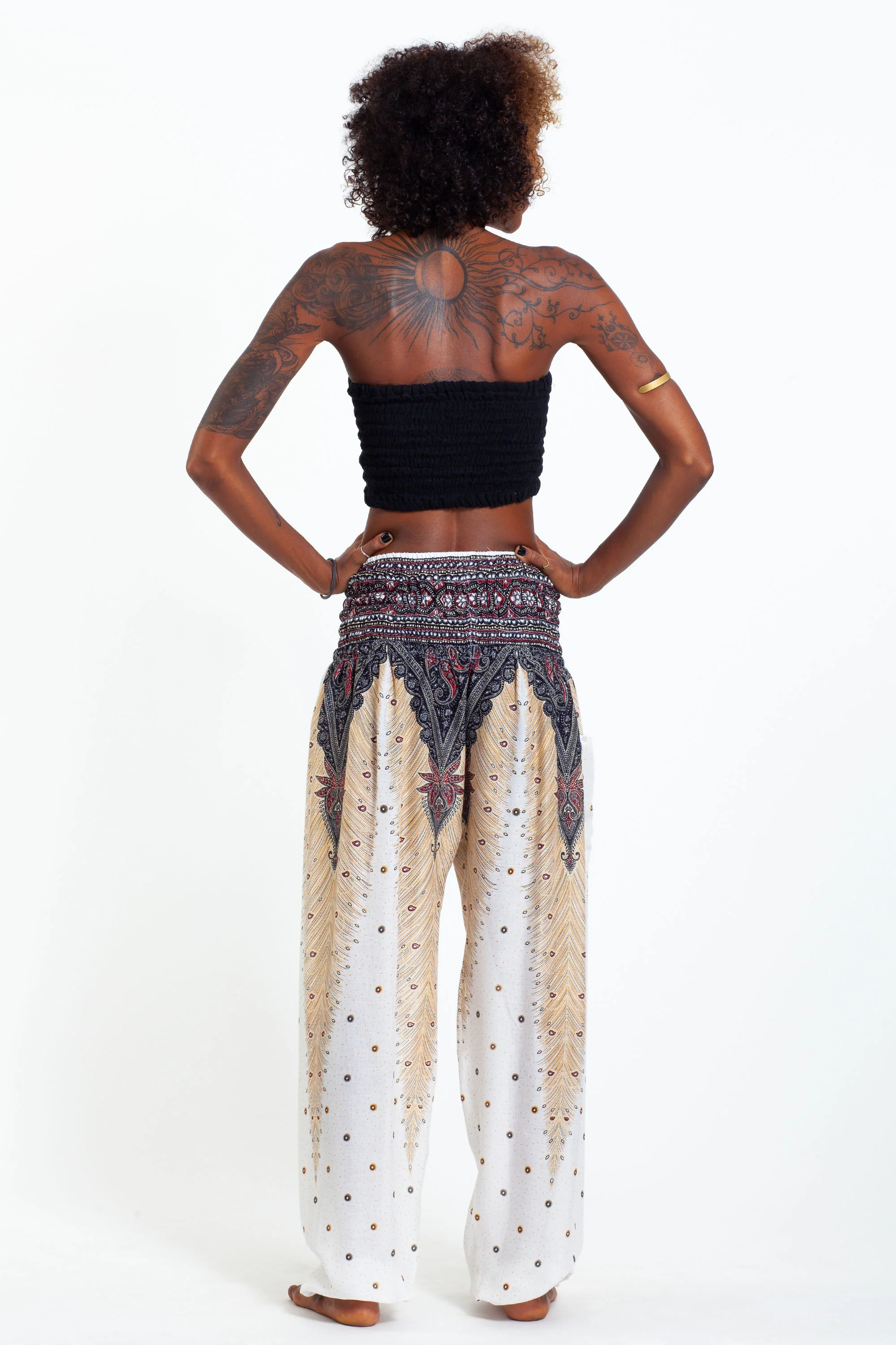 Peacock Feathers Women's Harem Pants in White - Image 5