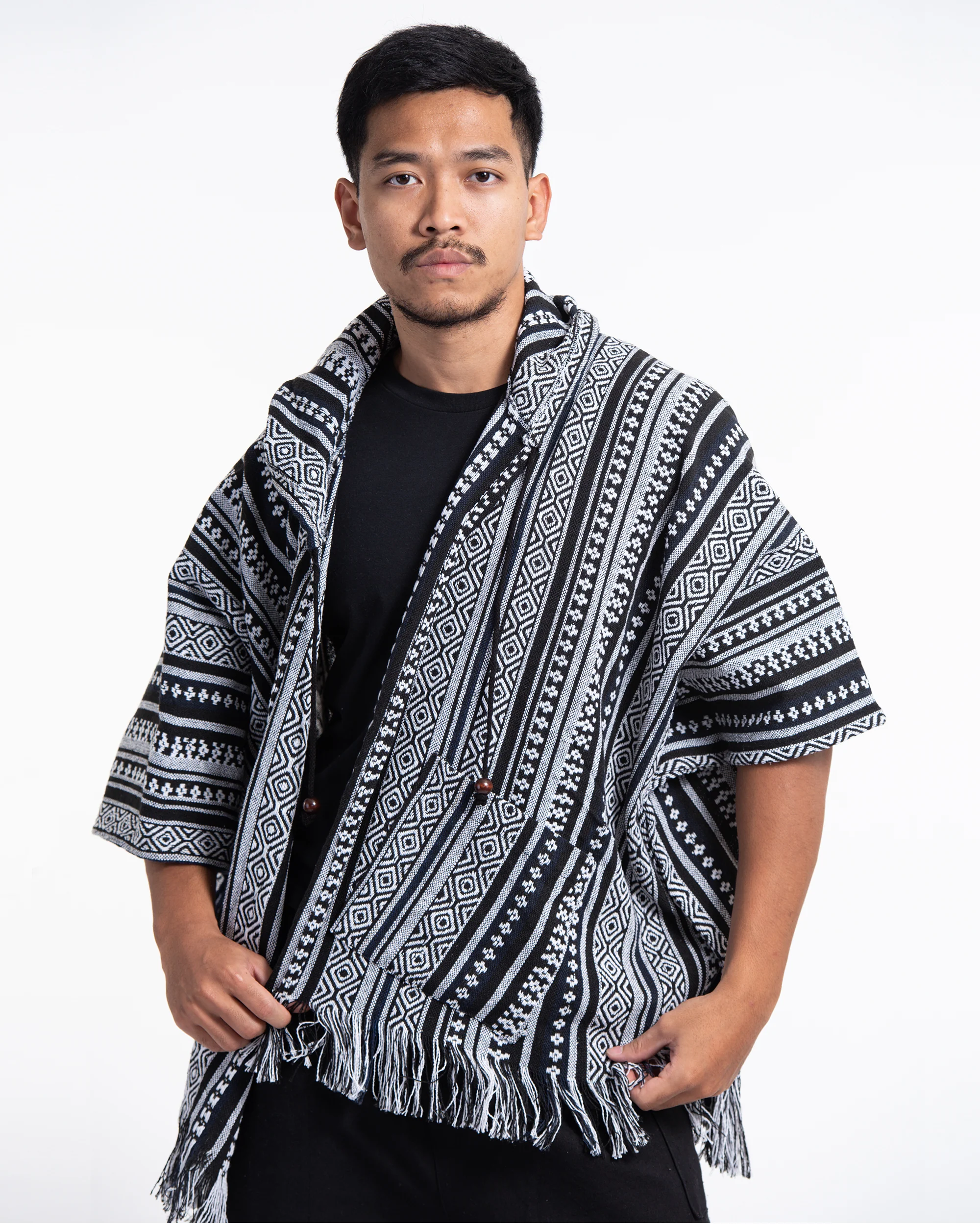 Hill Tribe Cotton Hooded Poncho Jacket in Black White - Image 5