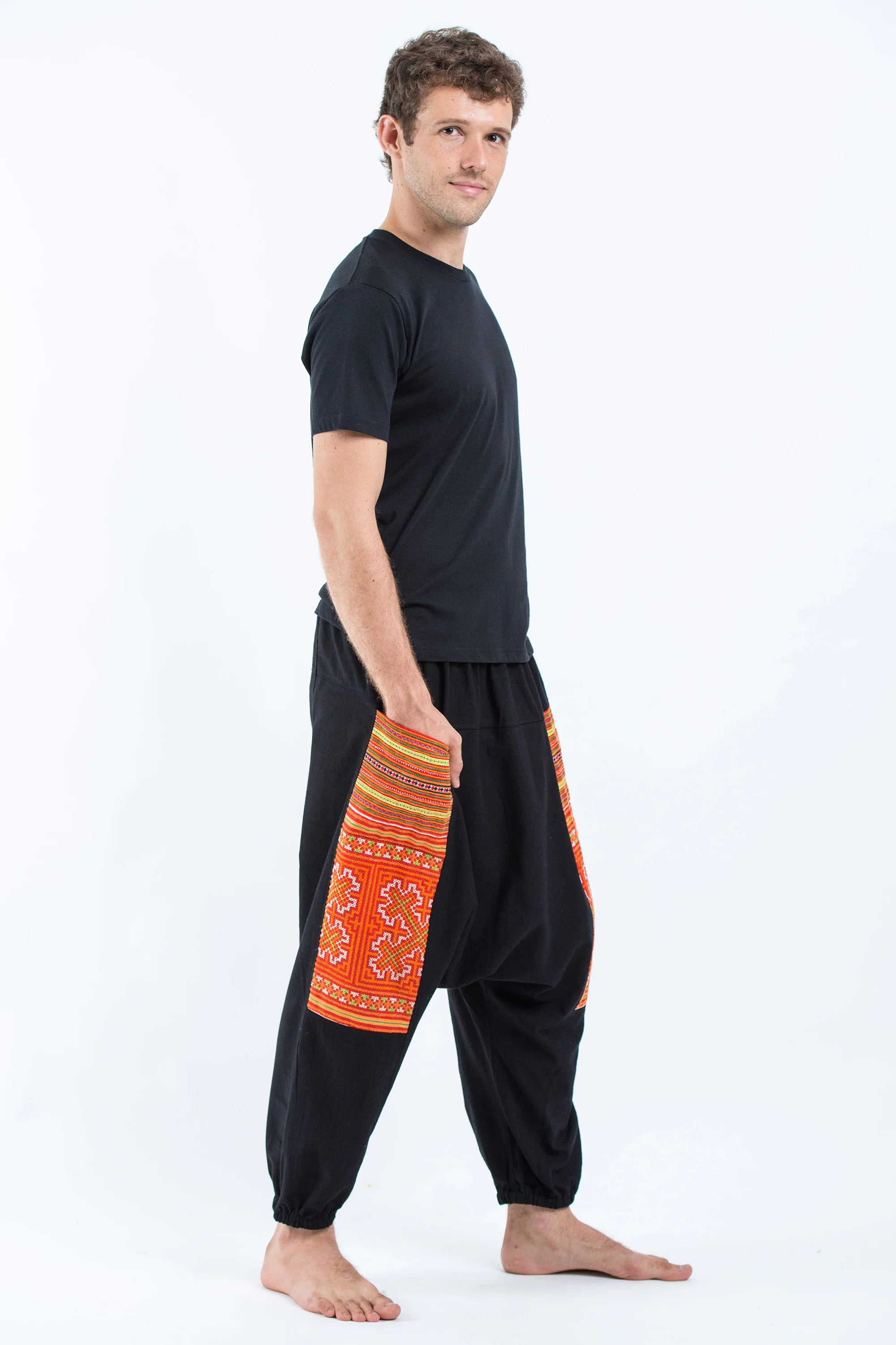 Hill Tribe Embroidered Cotton Men's Harem Pants In Black - Image 3