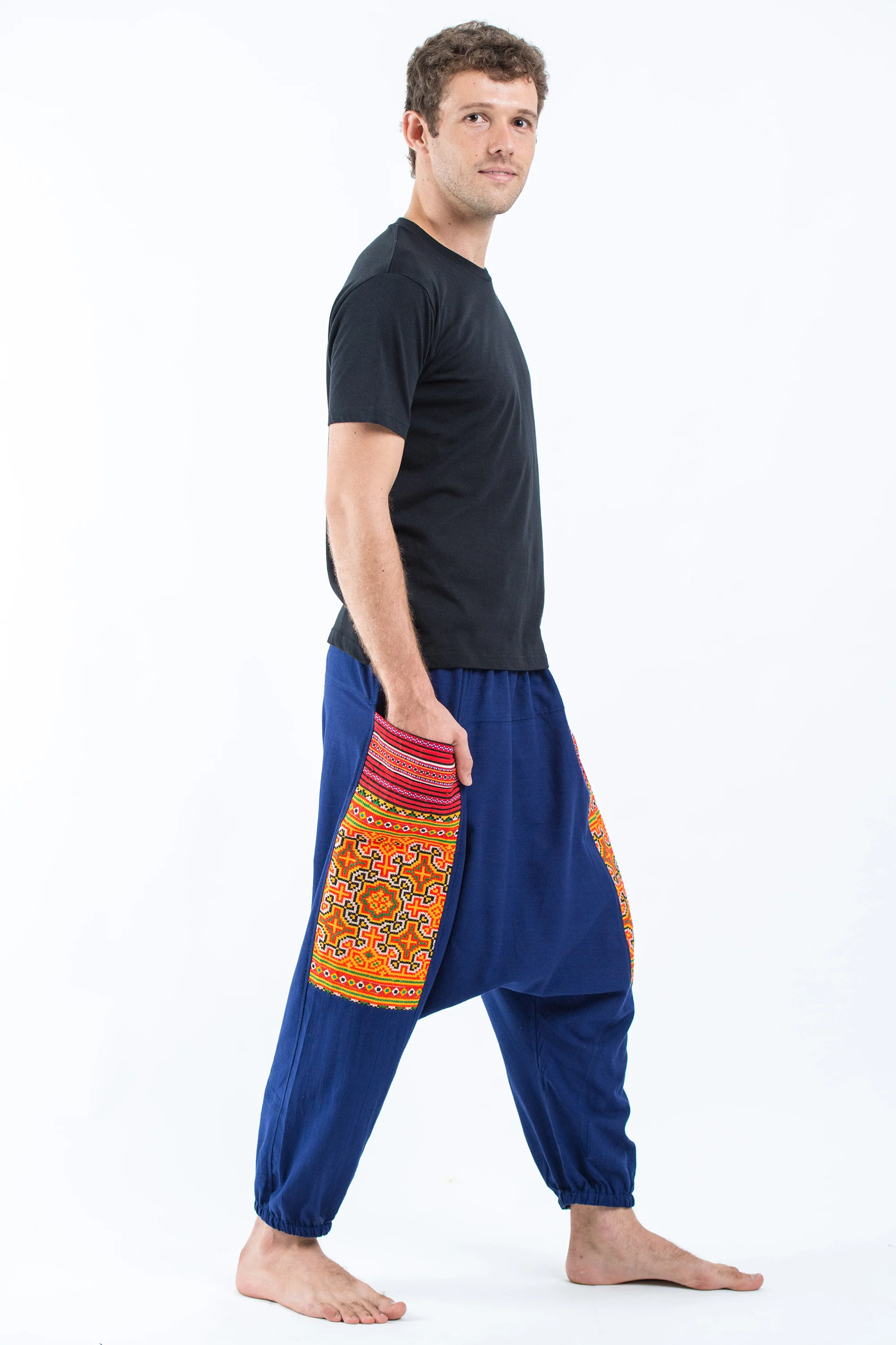 Hill Tribe Embroidered Cotton Men's Harem Pants In Blue - Image 3