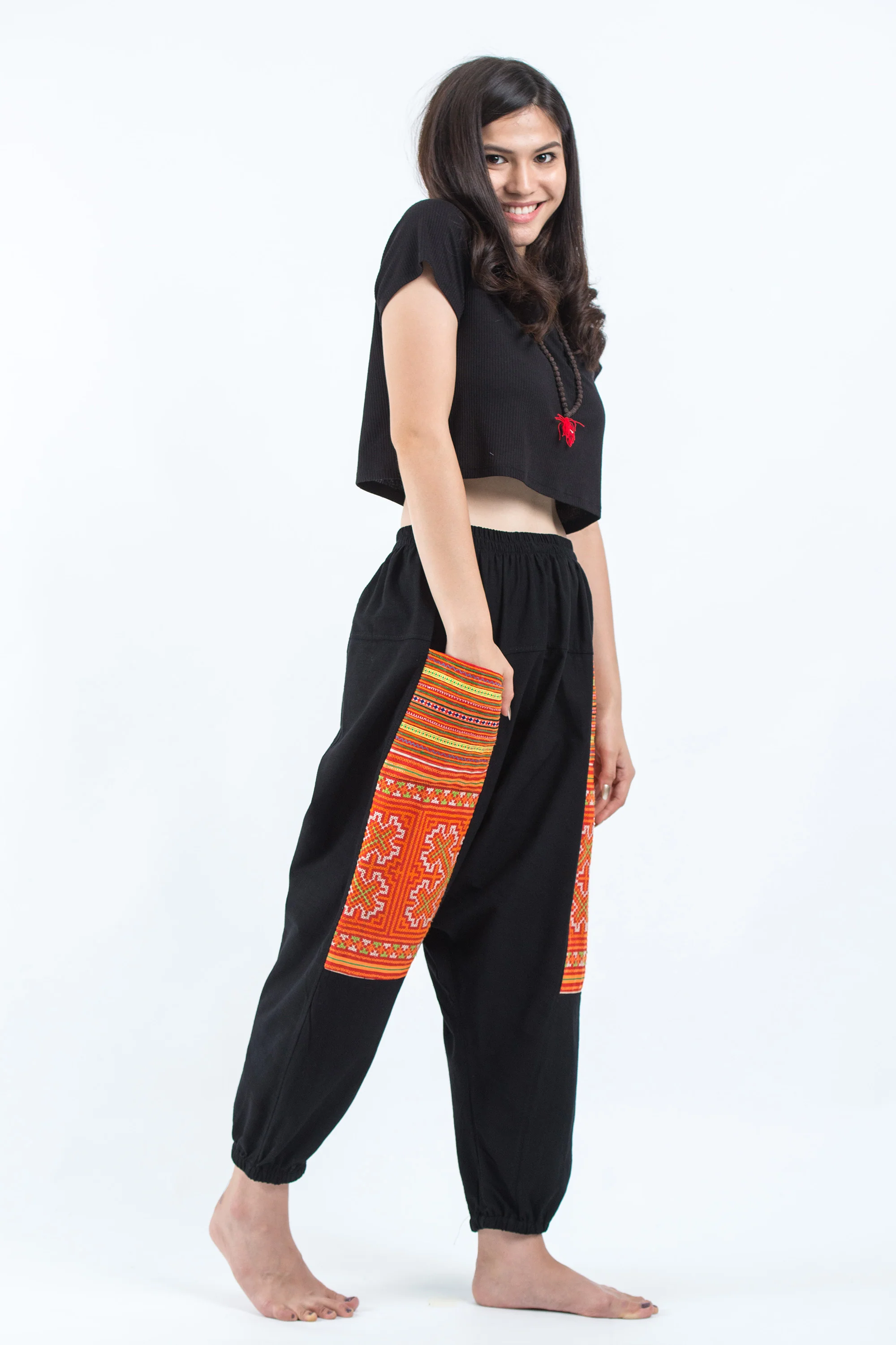 Hill Tribe Embroidered Cotton Women's Harem Pants In Black - Image 3