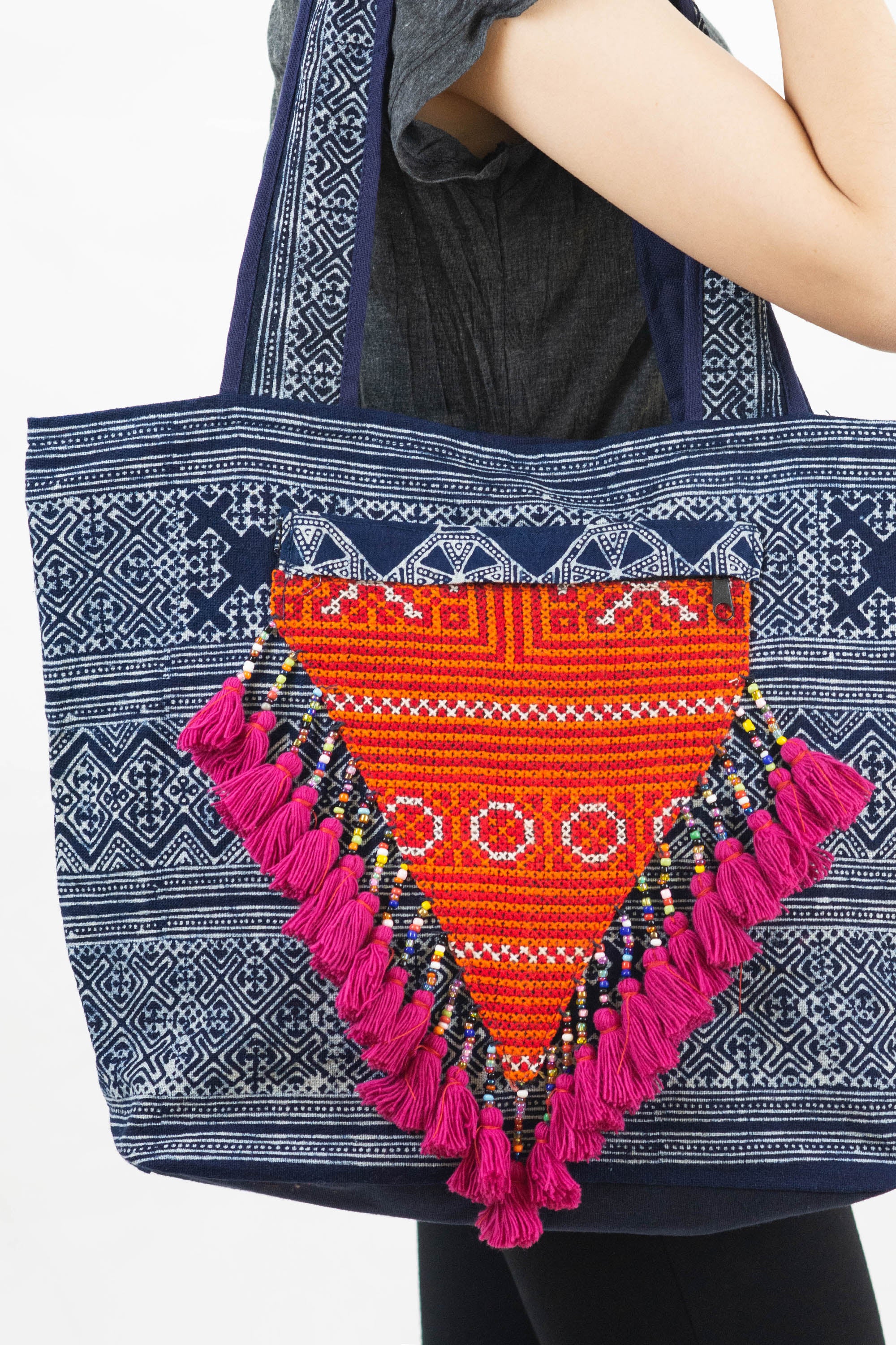 Hmong Indigo Batik and Embroidered Tote Bag with Pink Tassels - Image 2