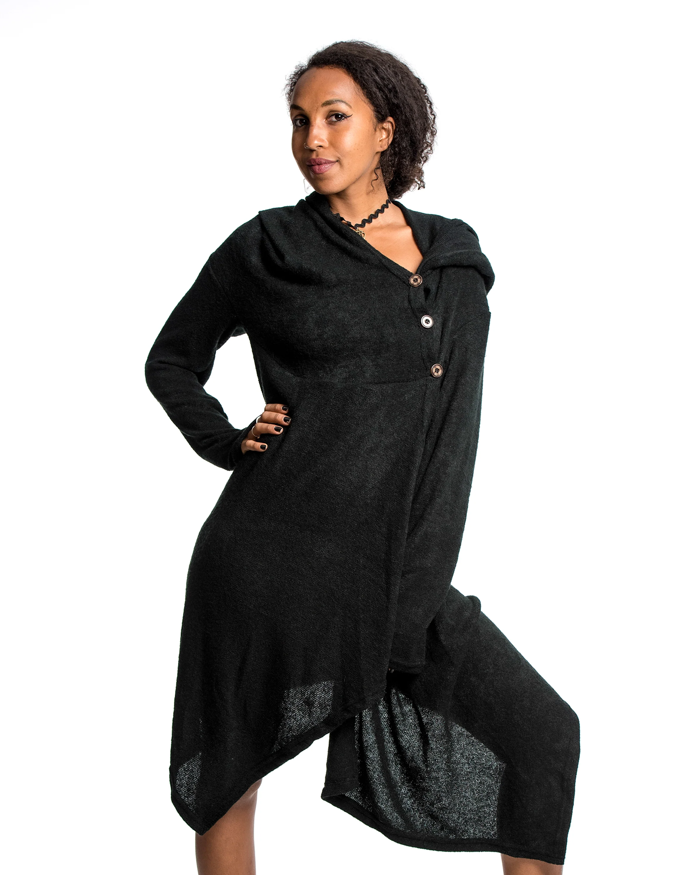 Hooded Pixie Sweater Dress in Black - Image 3