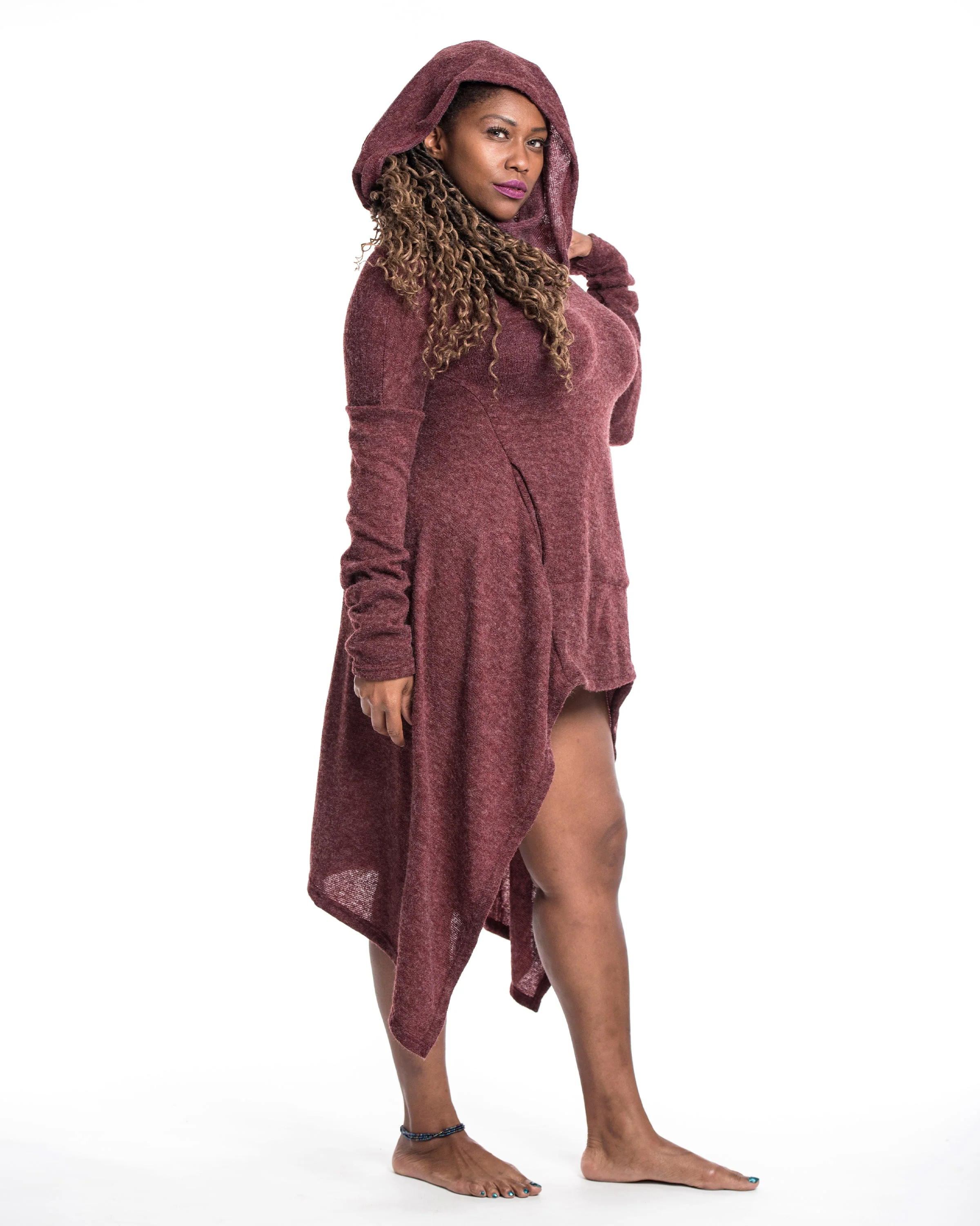 Ultra Long Hooded Sweater in Maroon - Image 3
