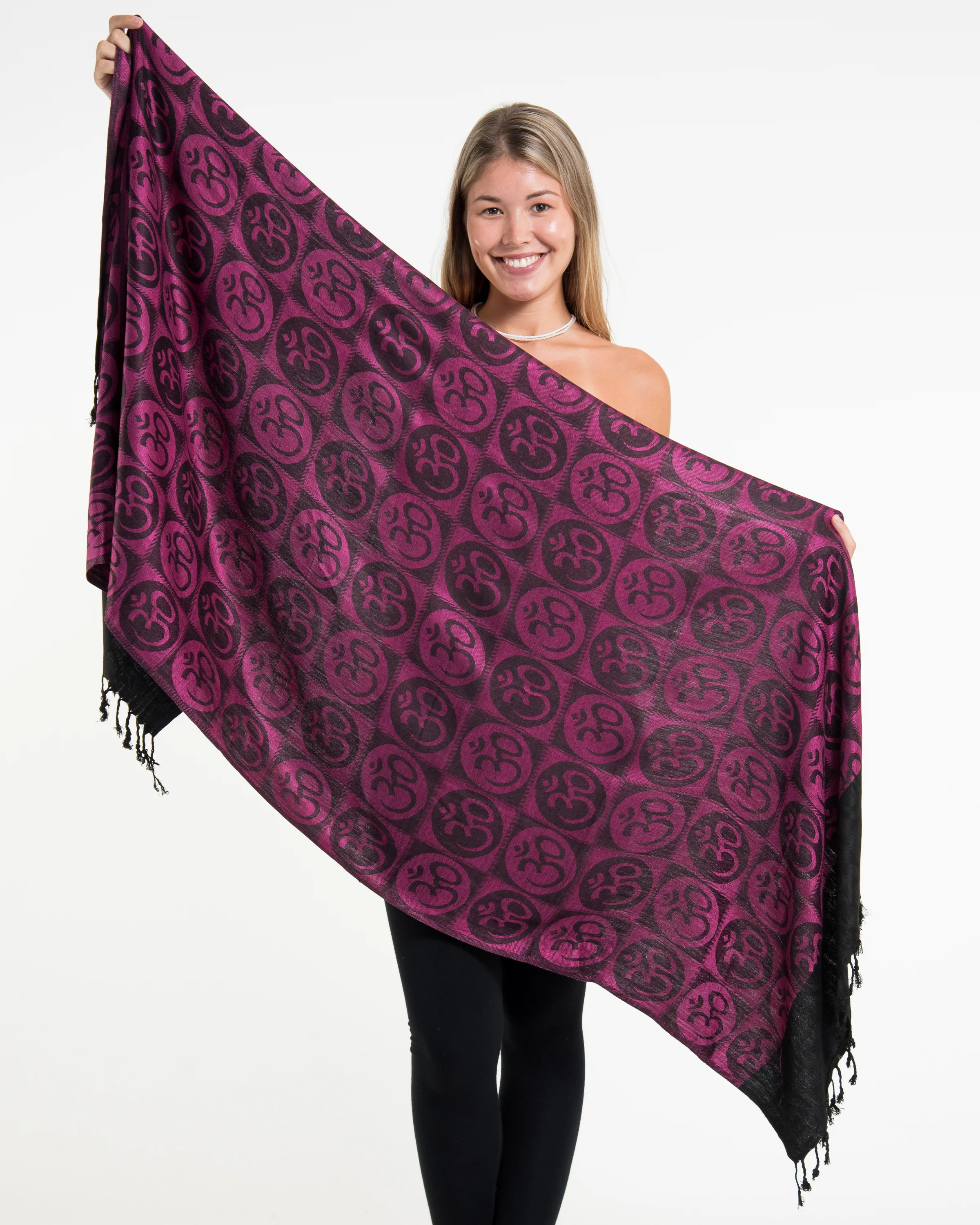 Indian Traditional Om Pashmina Shawl Scarf in Pink - Image 2