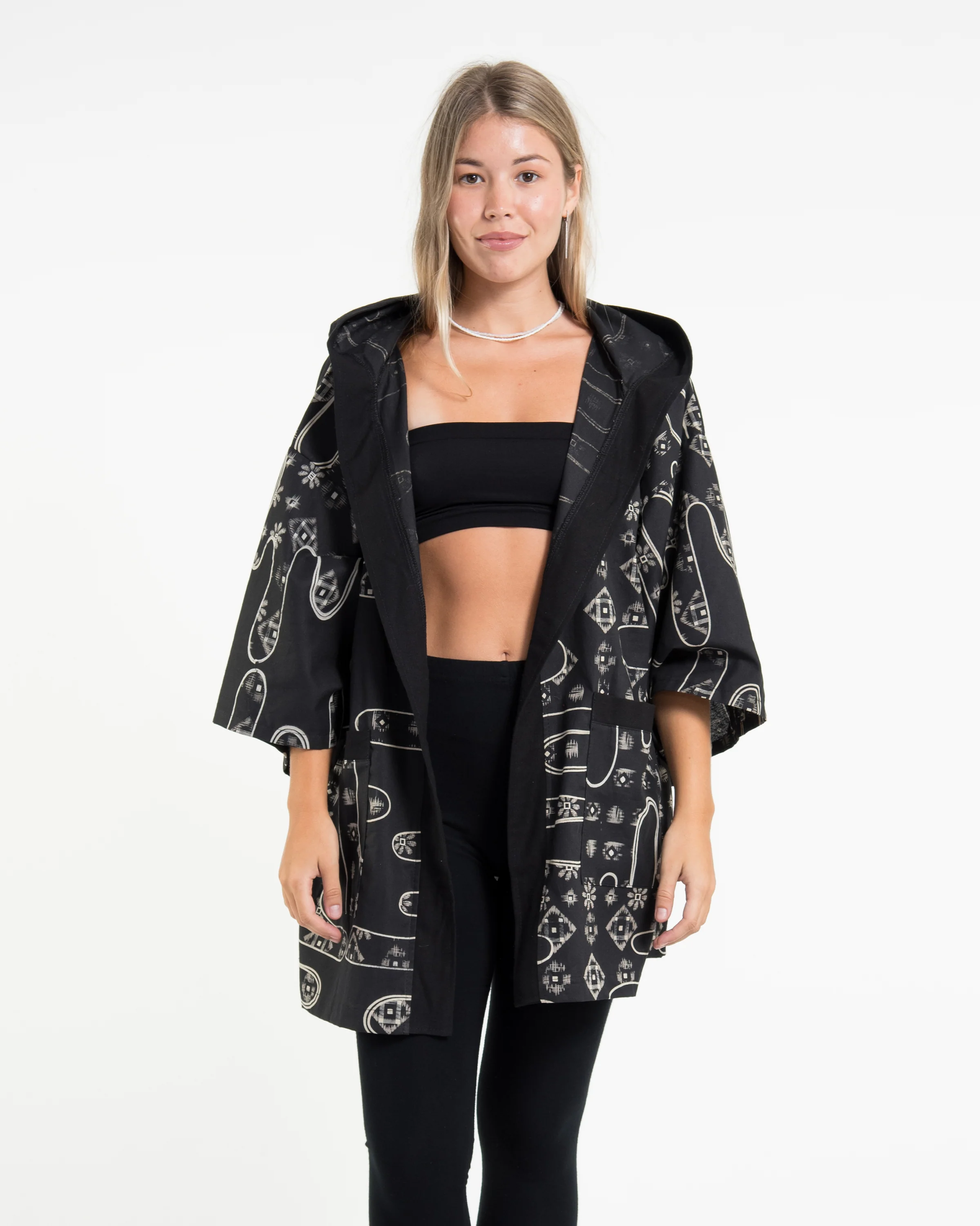Japanese Print Cotton Hoodie Kimono Cardigan in Black - Image 2