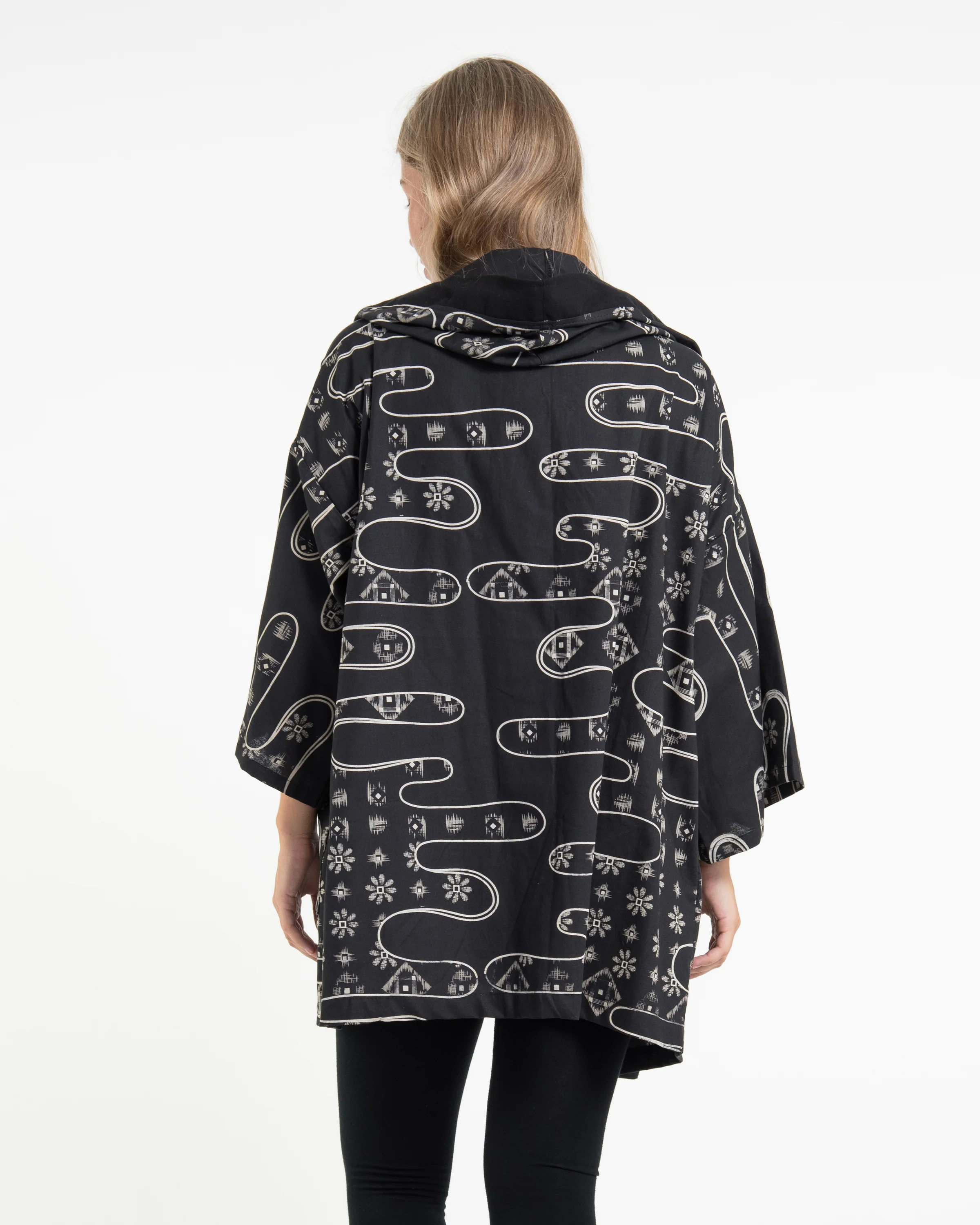 Japanese Print Cotton Hoodie Kimono Cardigan in Black - Image 4