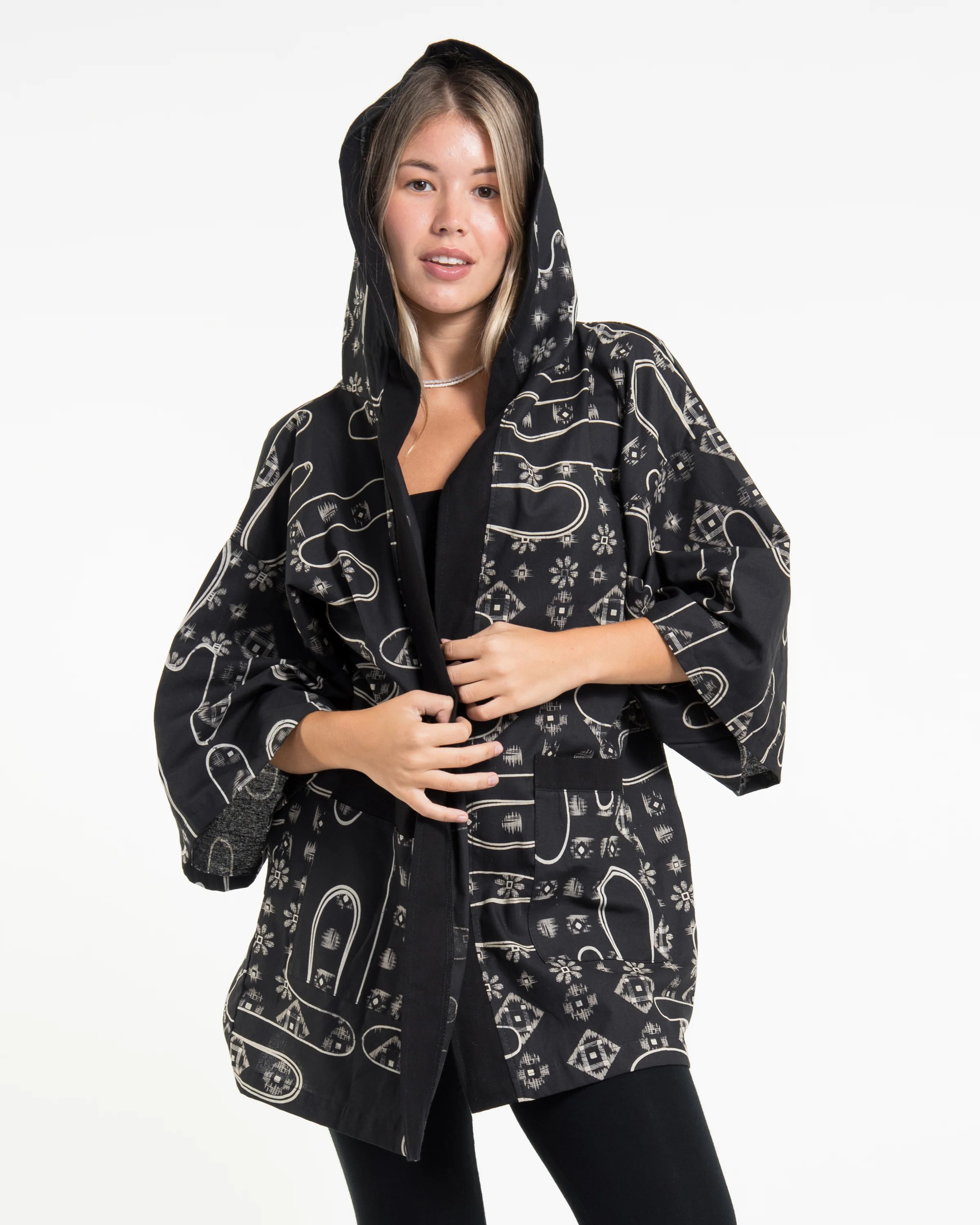 Japanese Print Cotton Hoodie Kimono Cardigan in Black - Image 5
