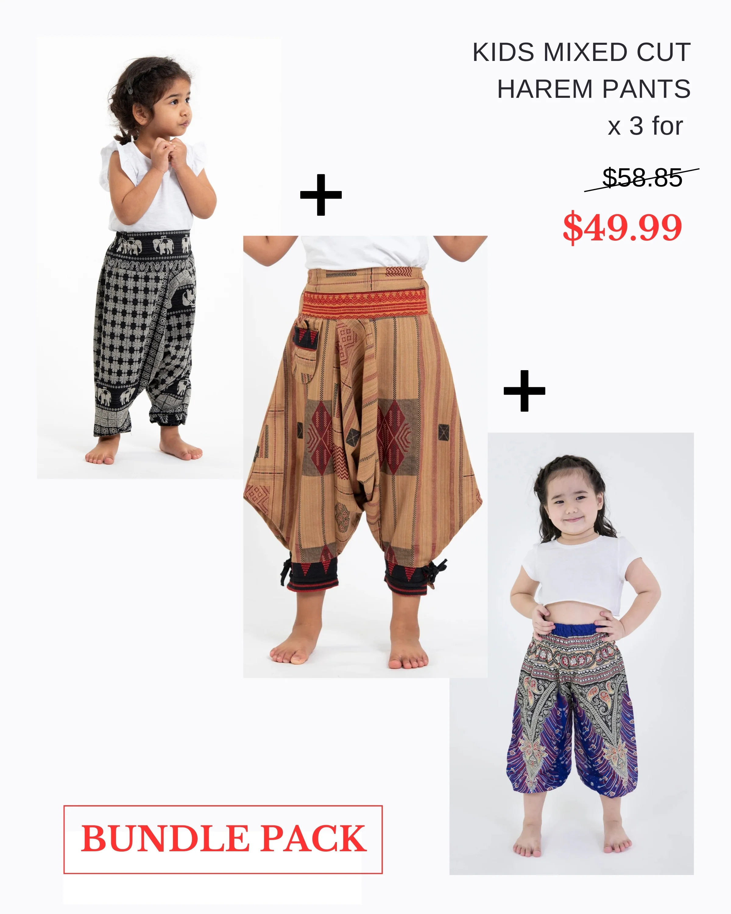 Pack of 3 - Kids Unisex Mixed Cut Harem Pants 05