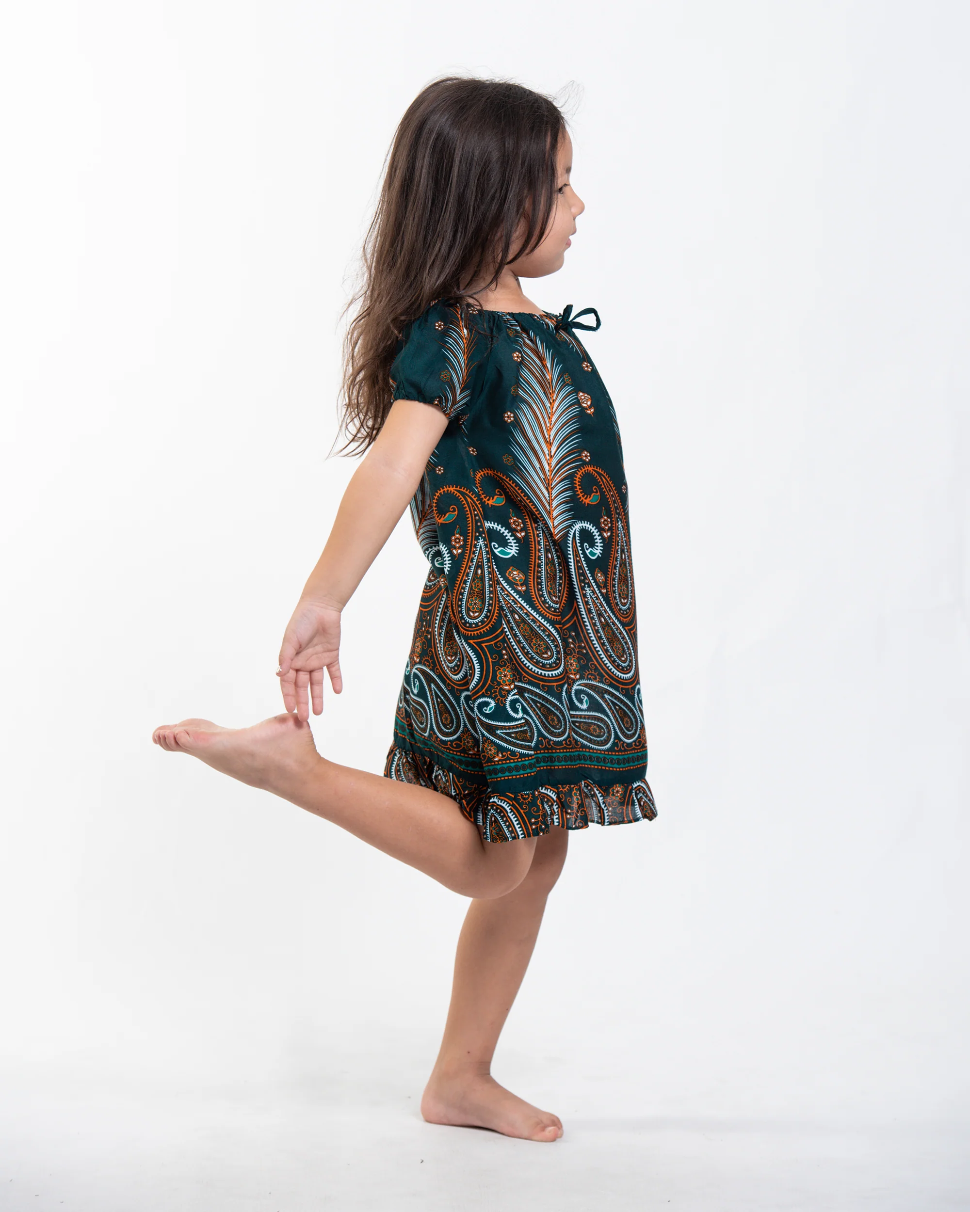 Kids Paisley Feathers Dress in Green - Image 3
