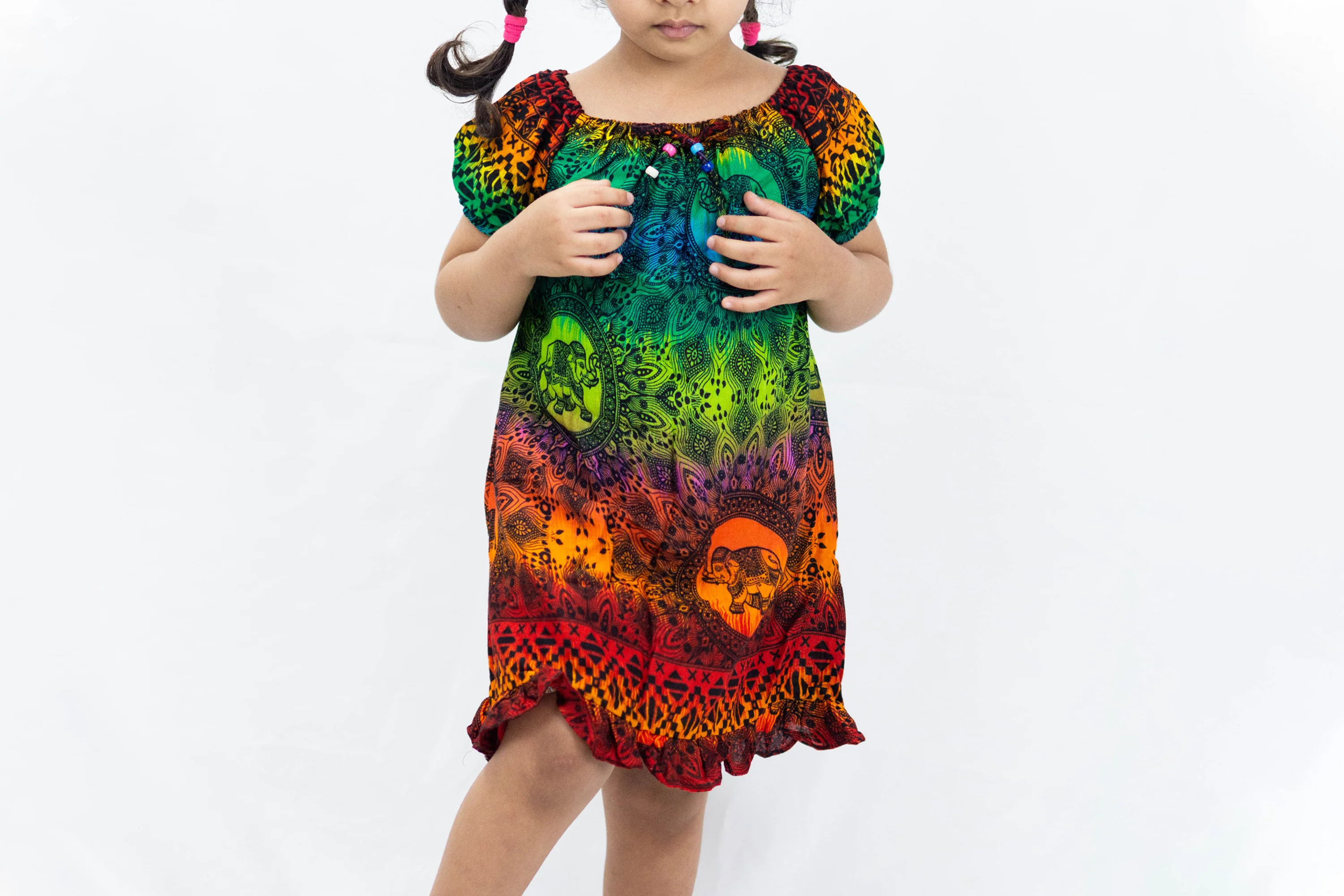 Kids Rainbow Elephant Dress in Orange - Image 2