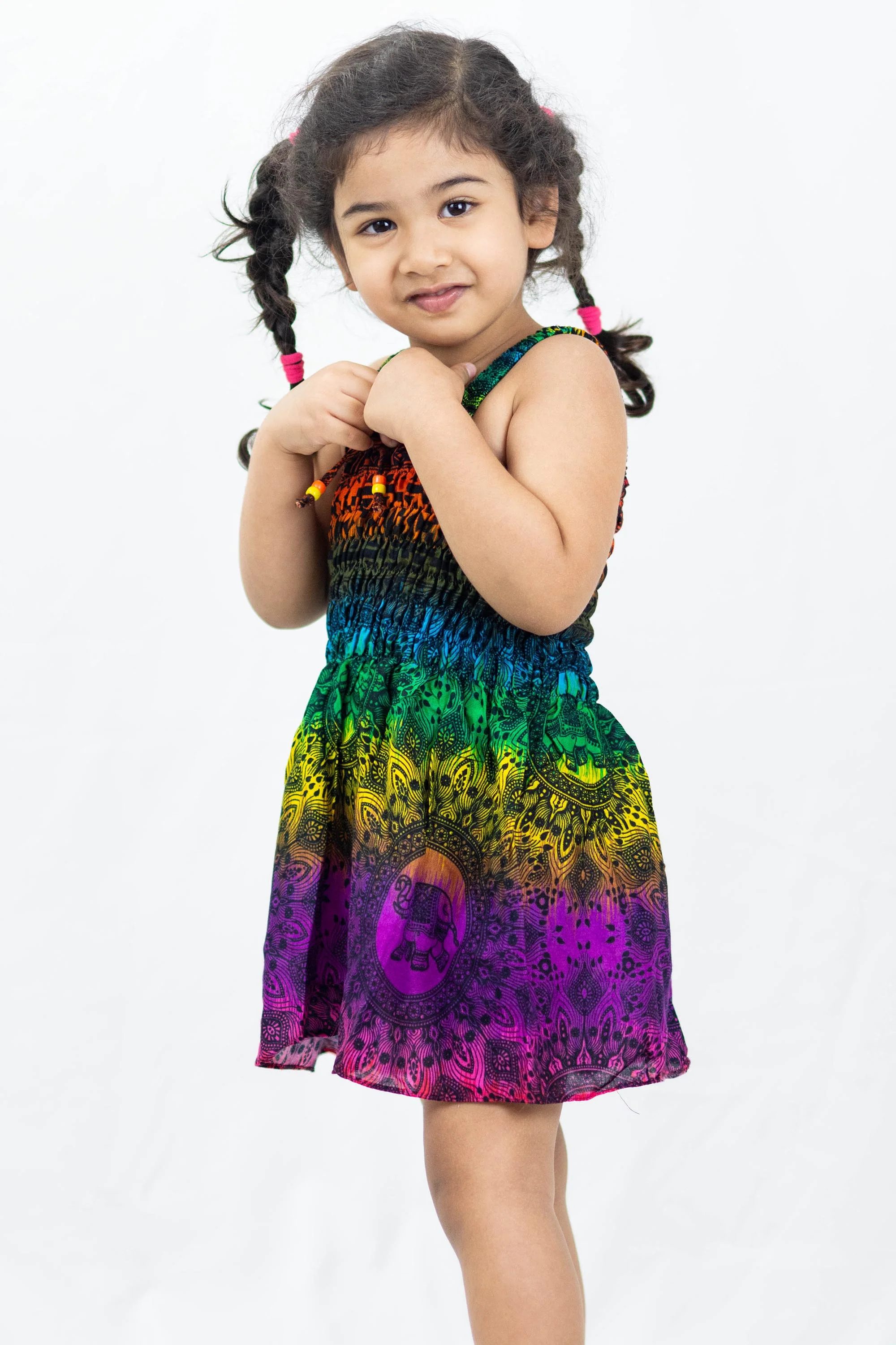 Kids Rainbow Elephant Smock Dress in Purple - Image 3