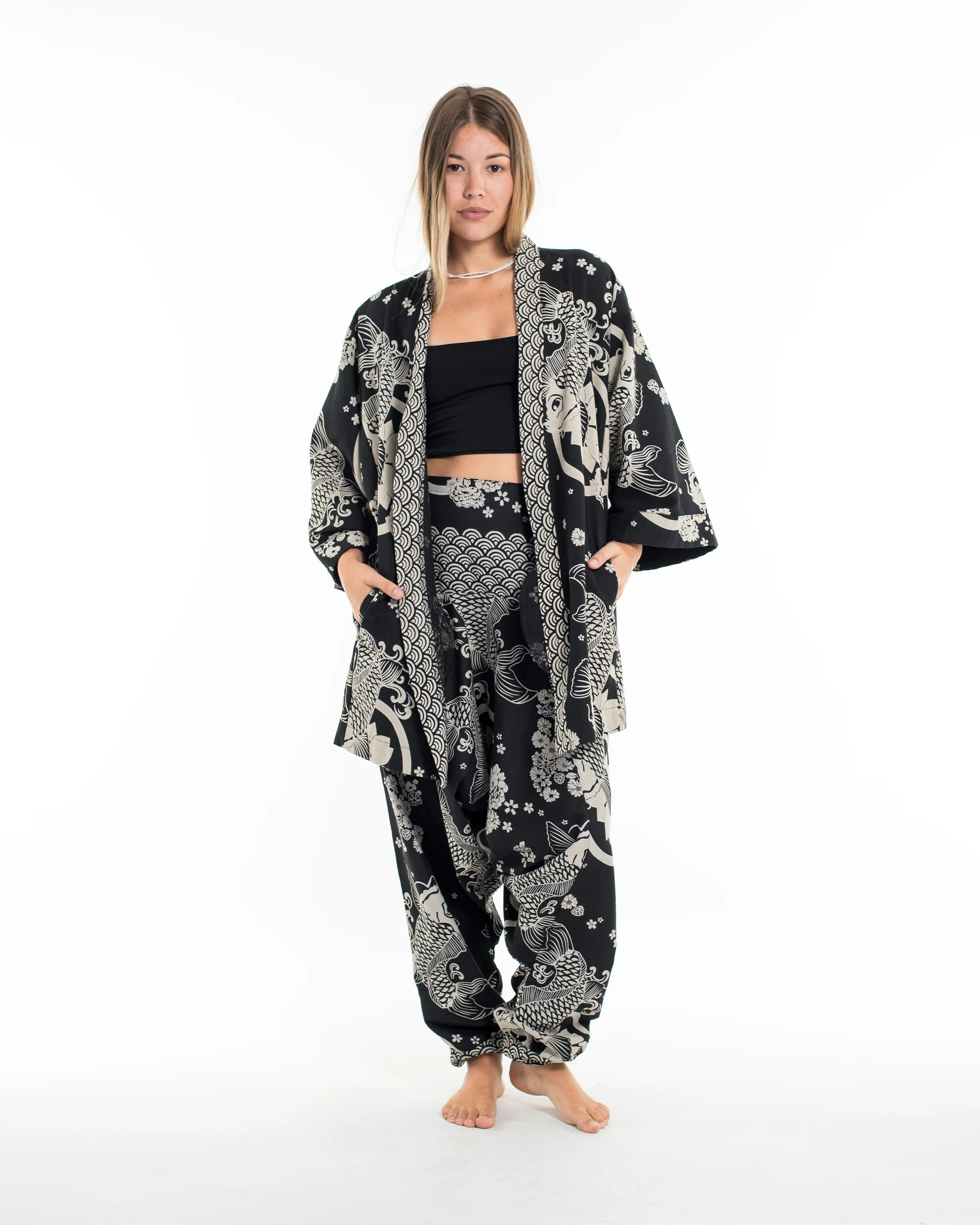 Koi Fish Print Cotton Kimono Cardigan in Black - Image 2