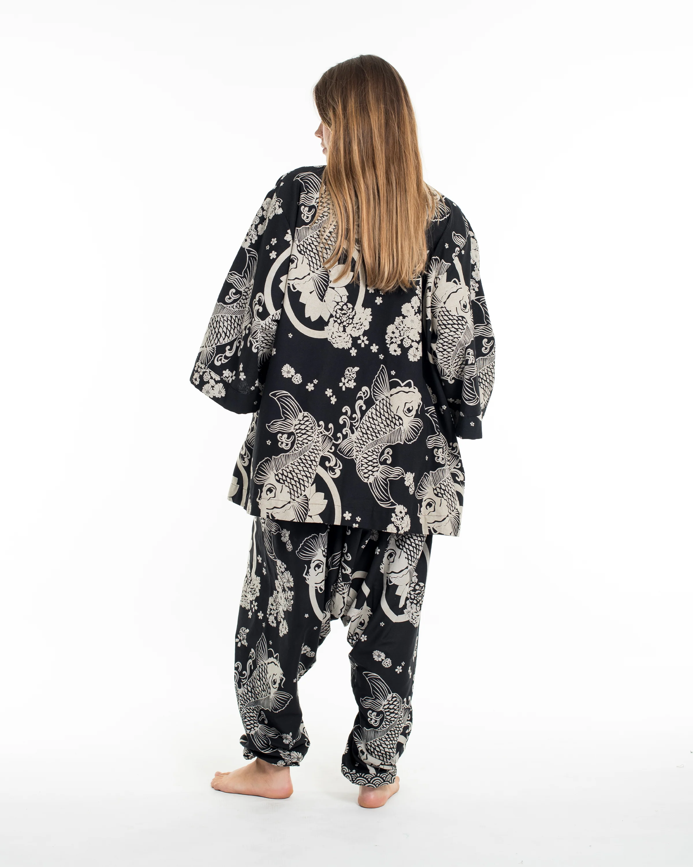 Koi Fish Print Cotton Kimono Cardigan in Black - Image 4