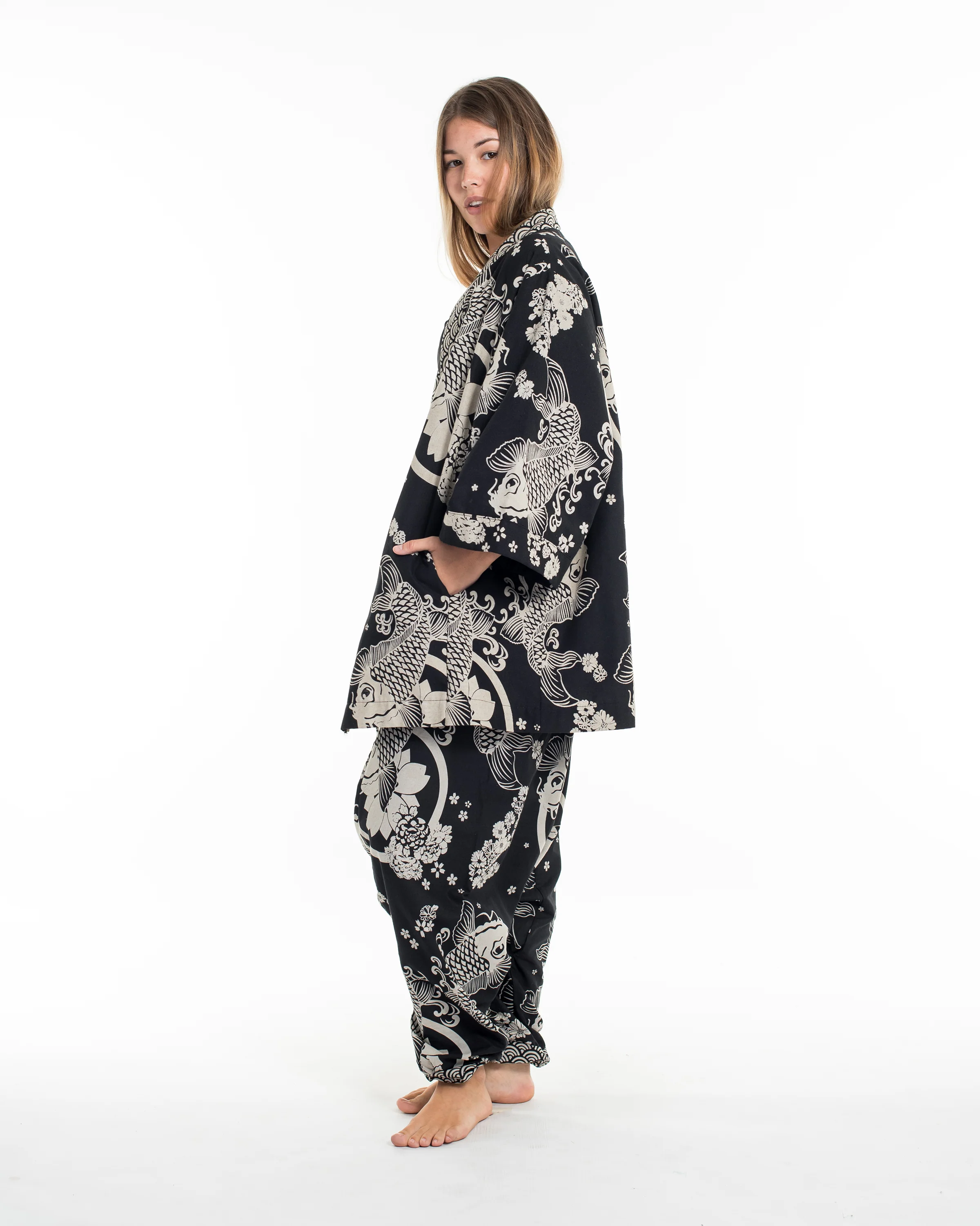 Koi Fish Print Cotton Kimono Cardigan in Black - Image 6