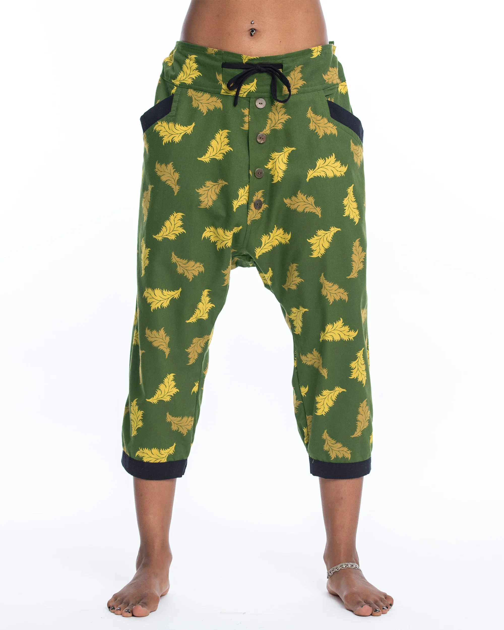 Leaves Women's Harem Pants with Faux Buttons in Green - Image 2