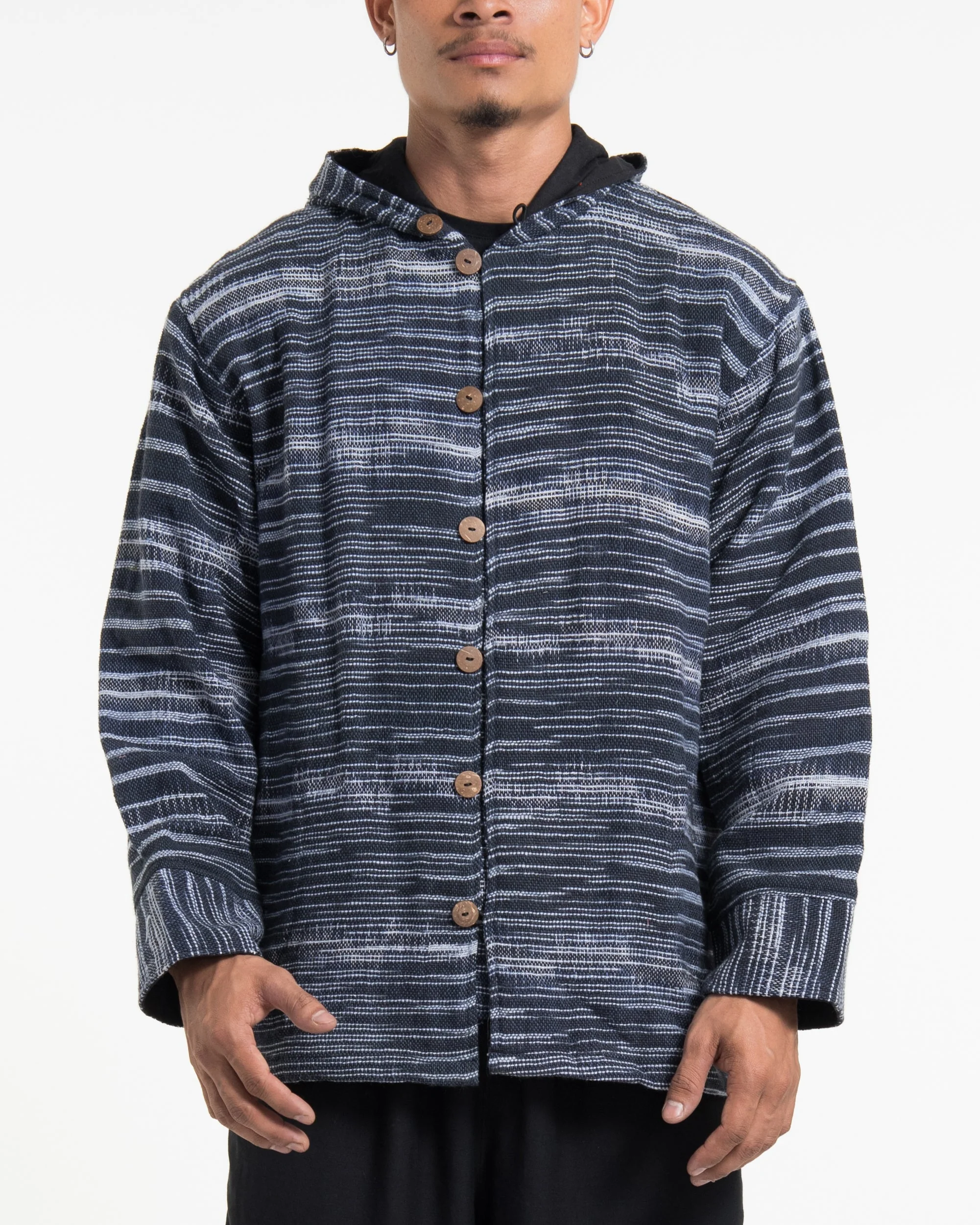 Light Hooded Button Hand-Woven Cotton Jacket in Navy - Image 2