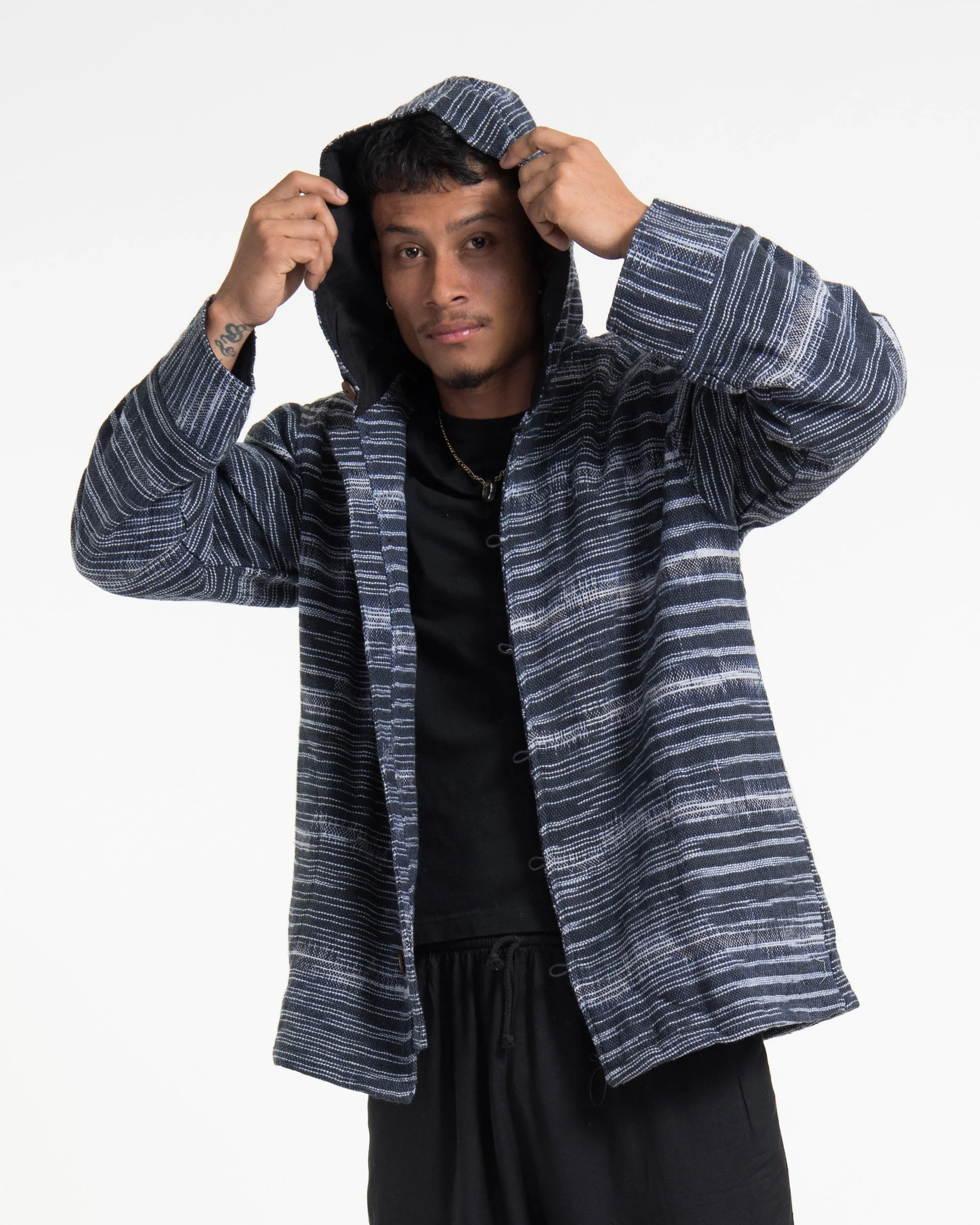 Light Hooded Button Hand-Woven Cotton Jacket in Navy - Image 3