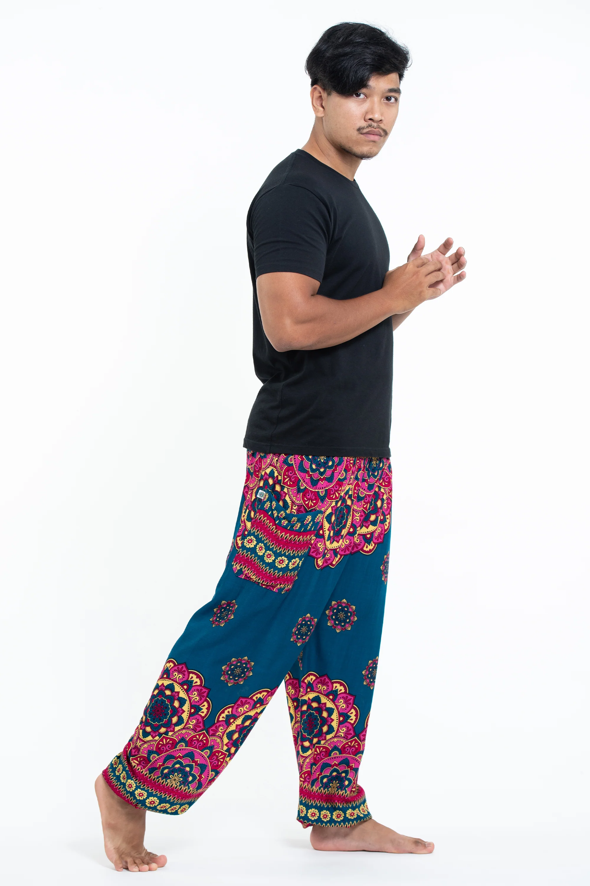 Lotus Mandalas Men's Harem Pants in Turquoise - Image 3