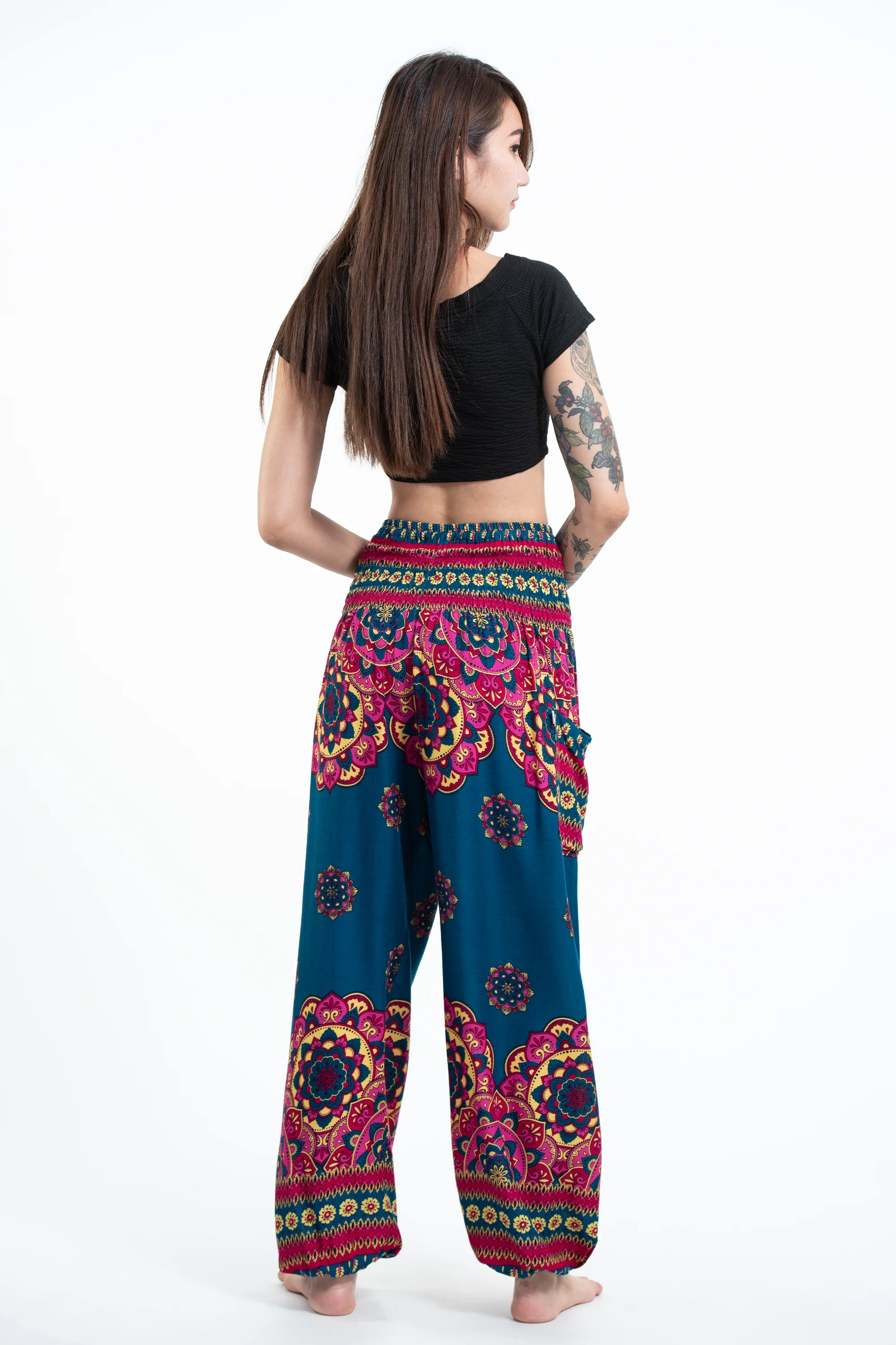 Lotus Mandalas Women's Harem Pants in Turquoise - Image 4