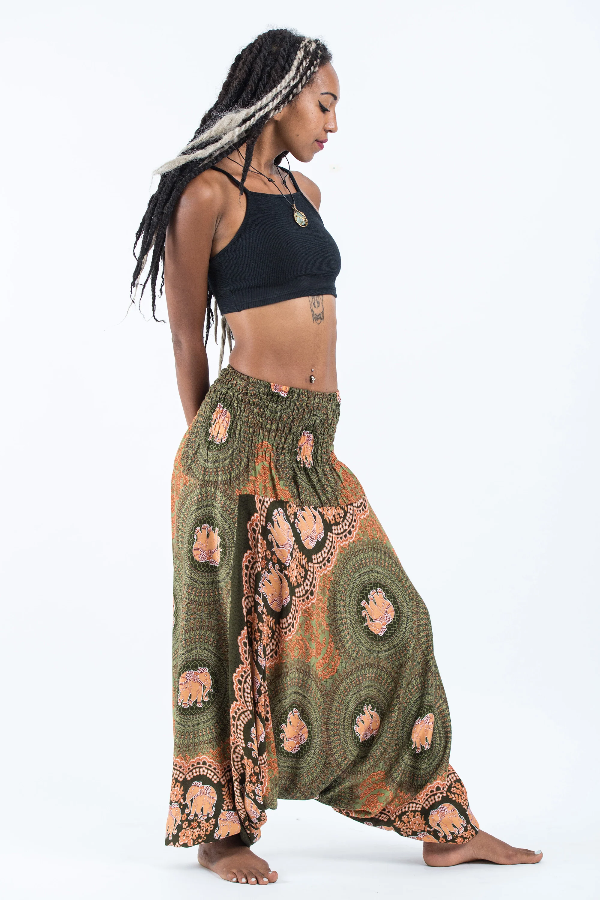 Mandala Elephant 2-in-1 Jumpsuit Elephant Pants in Olive - Image 3